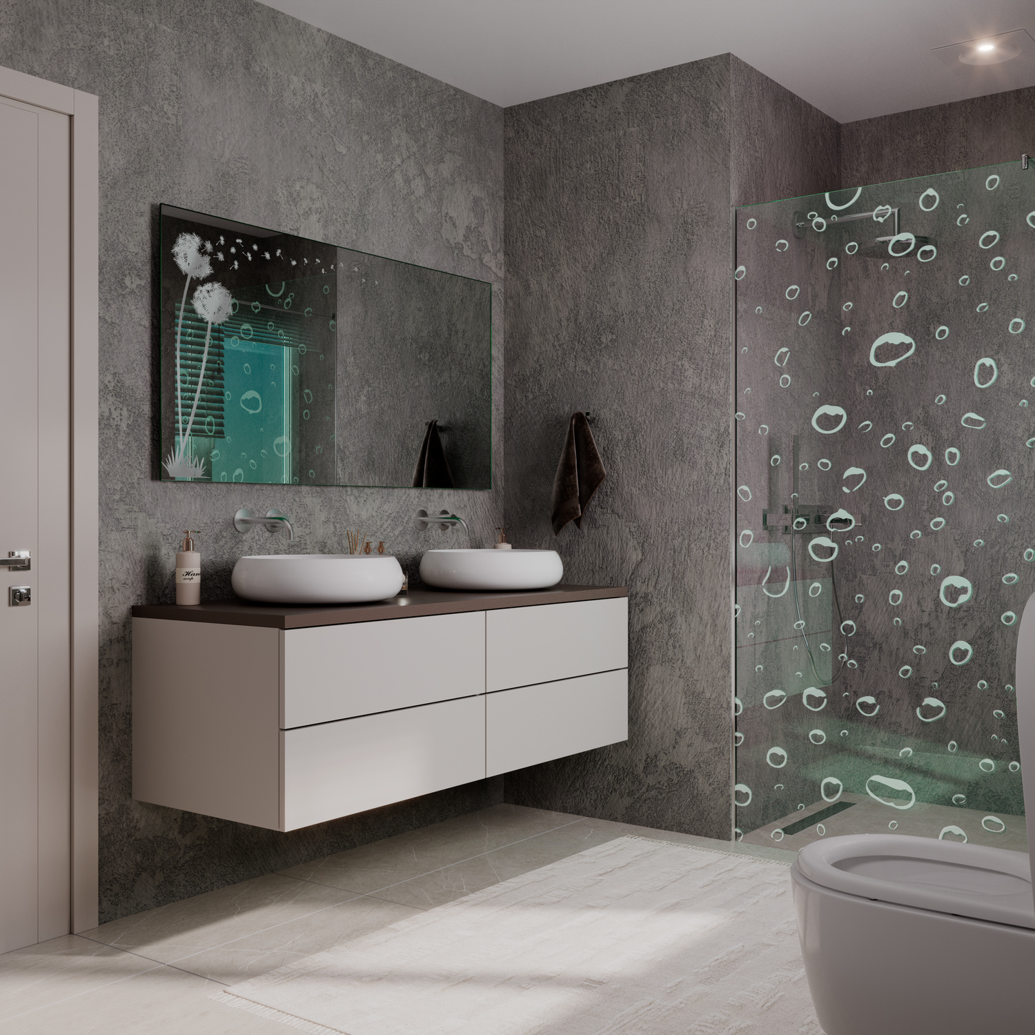 Badspiegel Modell LD505 aus seitlichem Blickwinkel mit ausgeschalteter Beleuchtung und Löwenzahn-Motiv, modernes Badezimmer mit Glasdusche und grauen Wänden.