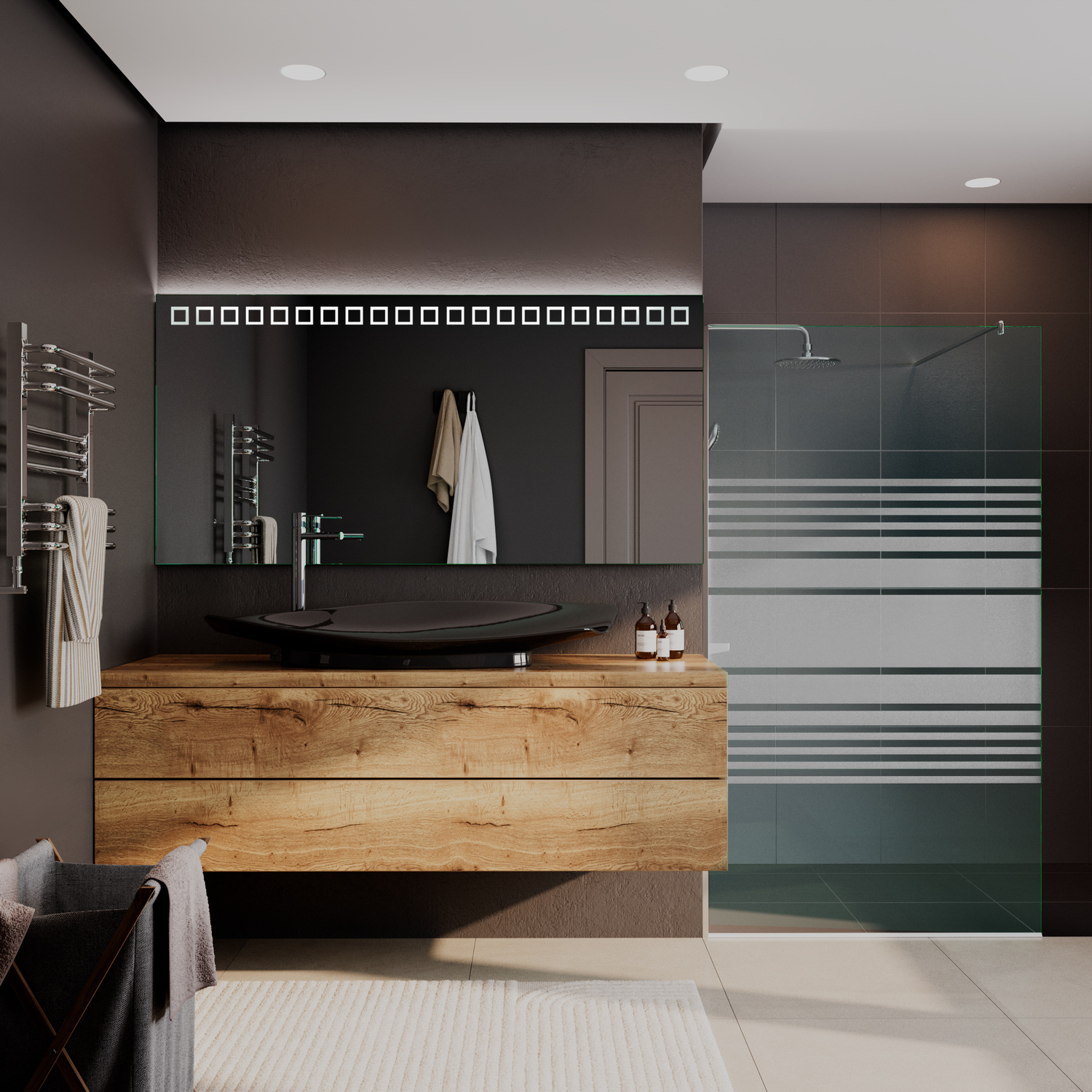 Nanterre rechteckiger Wandspiegel mit eingeschalteter LED-Beleuchtung, 1500x1500 mm, Frontalansicht mit leuchtender oberer LED-Lichtleiste in warmweiß, montiert über schwebendem Holzwaschtisch in Eichenoptik mit schwarzem integrierten Waschbecken, elegant