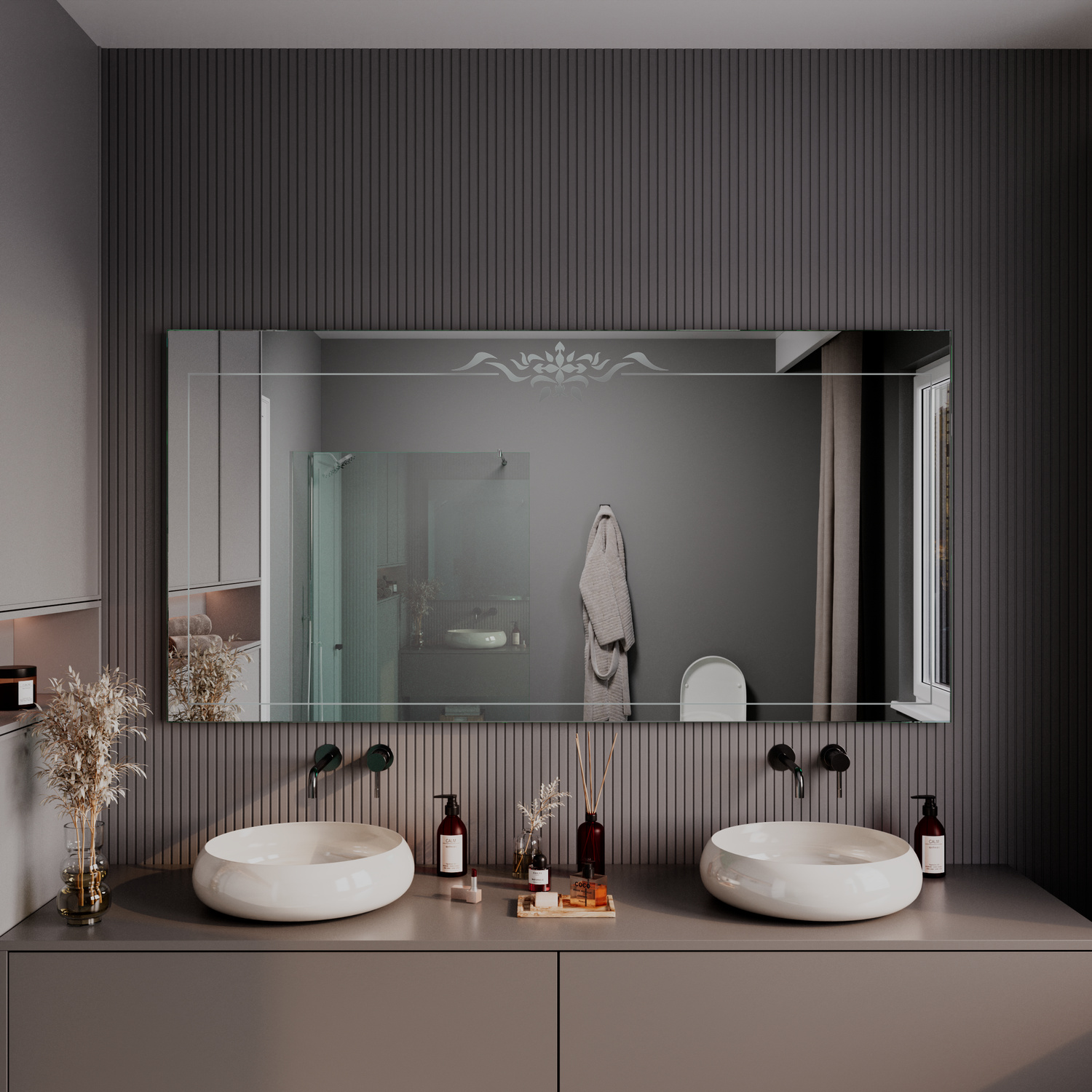 LD410 Badezimmerspiegel 1500x1500 mm mit Rahmen aus nächster Nähe ohne Beleuchtung über Doppelwaschtisch mit zwei runden Aufsatzwaschbecken in dunklem Designer-BadezimmerRetry