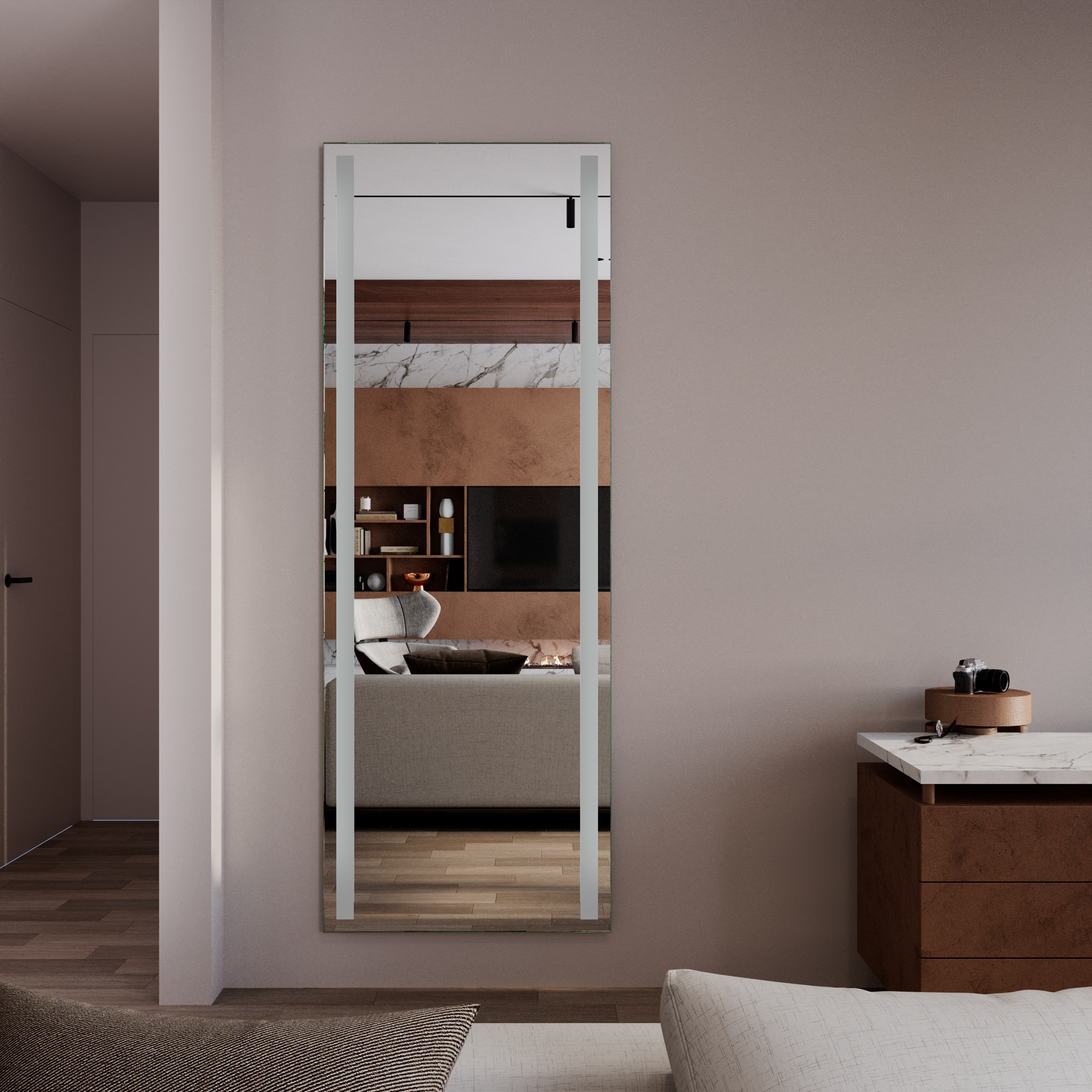 ALMADEN Standspiegel 1500x1500 mm mit weißem Rahmen ohne Beleuchtung in minimalistischem Schlafzimmer mit Blick auf ArbeitsbereichRetry