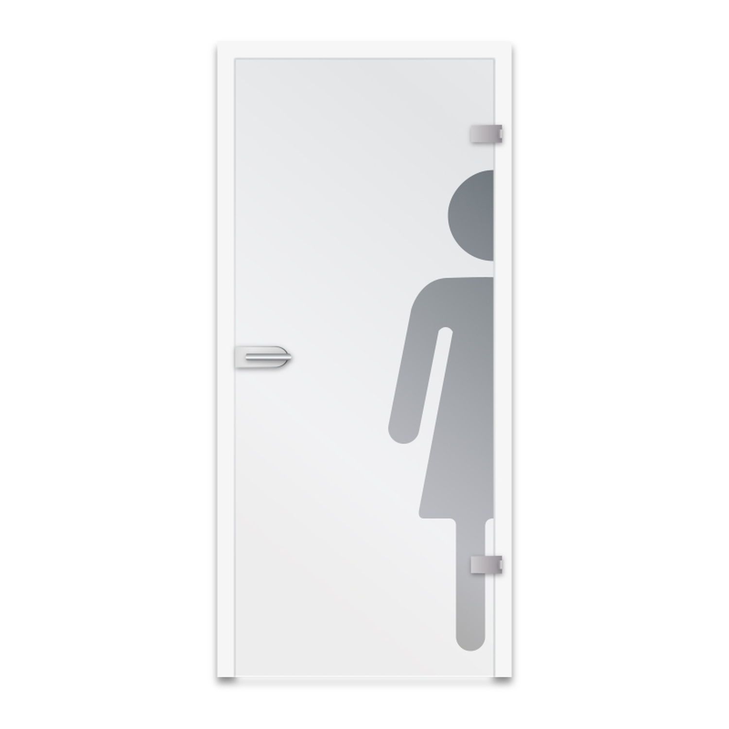 Glastür Signo F mit satiniertem Glas, Produktansicht, rechteckiger Edelstahlgriff, graue Personensilhouette als Designelement, weißer Rahmen, freigestellter Hintergrund, moderne Glastür für Innenräume, minimalistisches Design, Produktfoto