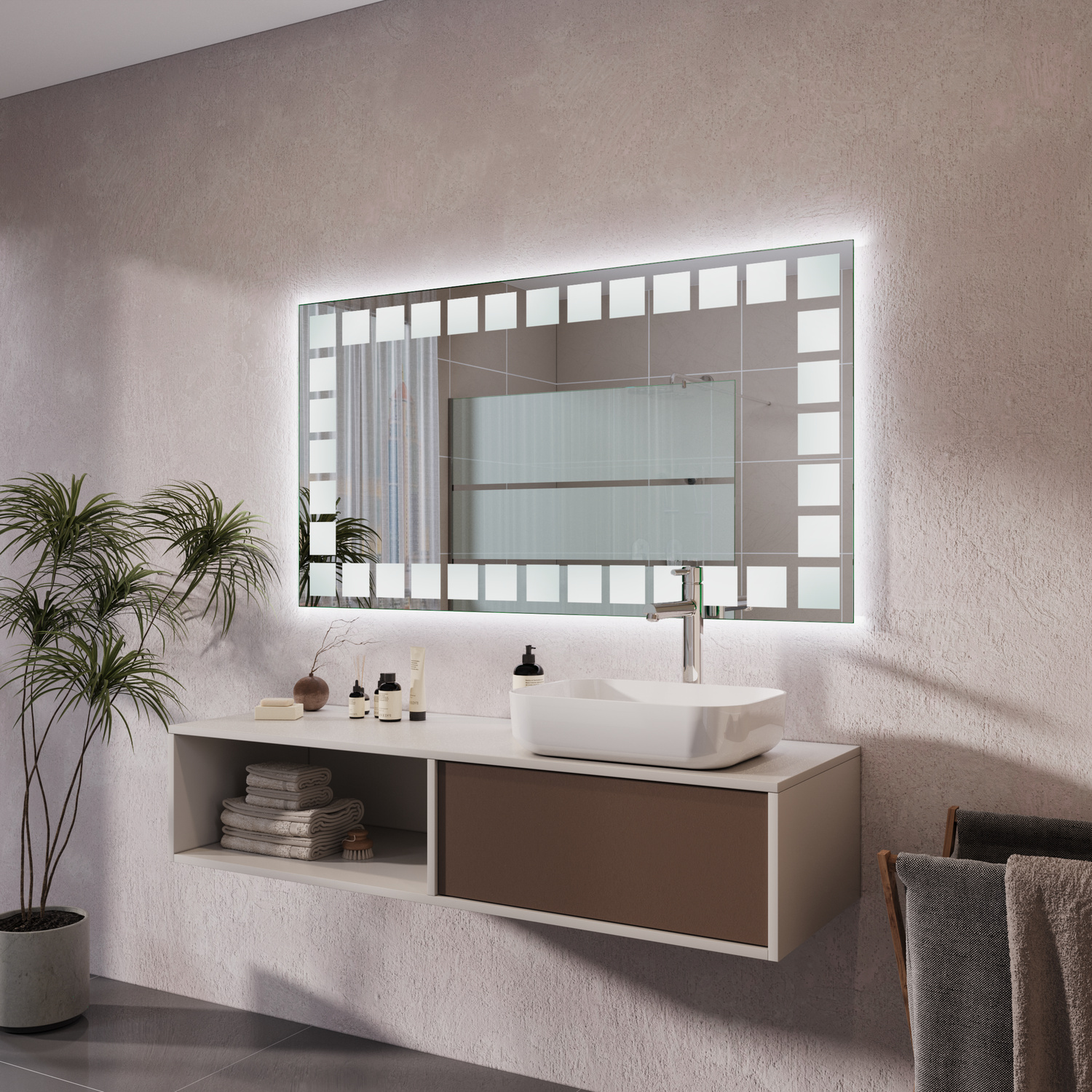 LA SPEZIA Badspiegel in Seitenansicht mit eingeschalteter LED-Beleuchtung, 1500x1500 mm, warmweißer Lichtrahmen mit quadratischen Elementen leuchtend, über weißem Waschbecken auf schwebendem Waschtisch, weiße Wand, Pflanzen, modernes Bad