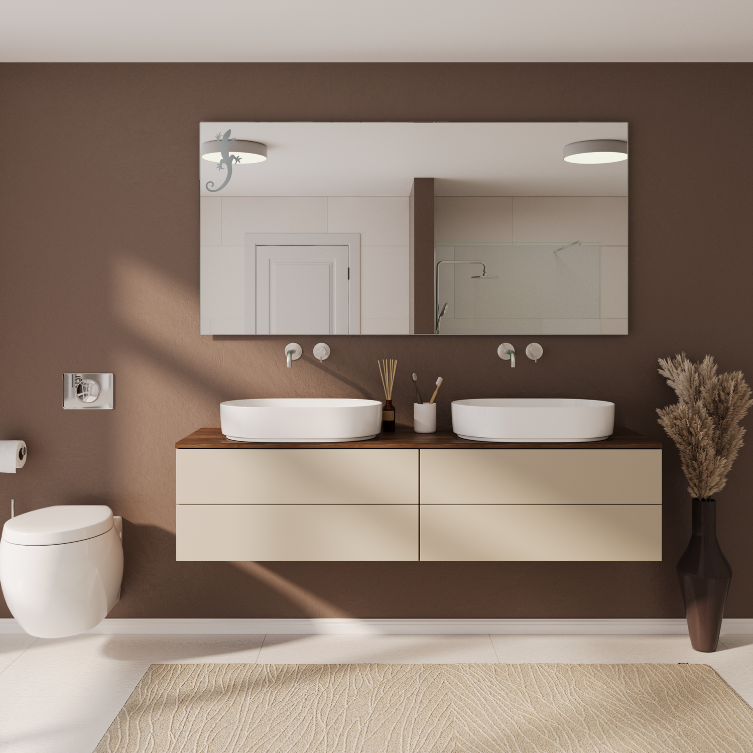 FERRAND LED-Badspiegel mit ausgeschalteter Beleuchtung, 1500x1500 mm, rechteckig randlos, über zwei weißen ovalen Aufsatzwaschbecken auf hellem modernem Waschtisch, braune Wand, WC links, beiger Teppich, minimalistisches Doppelwaschbecken-Bad