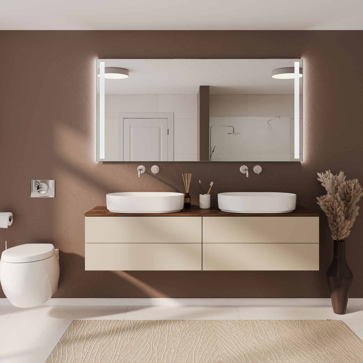 Badspiegel Modell Paris mit eingeschaltetem Licht, frontale Produktaufnahme in 1500 × 1500 Pixel.