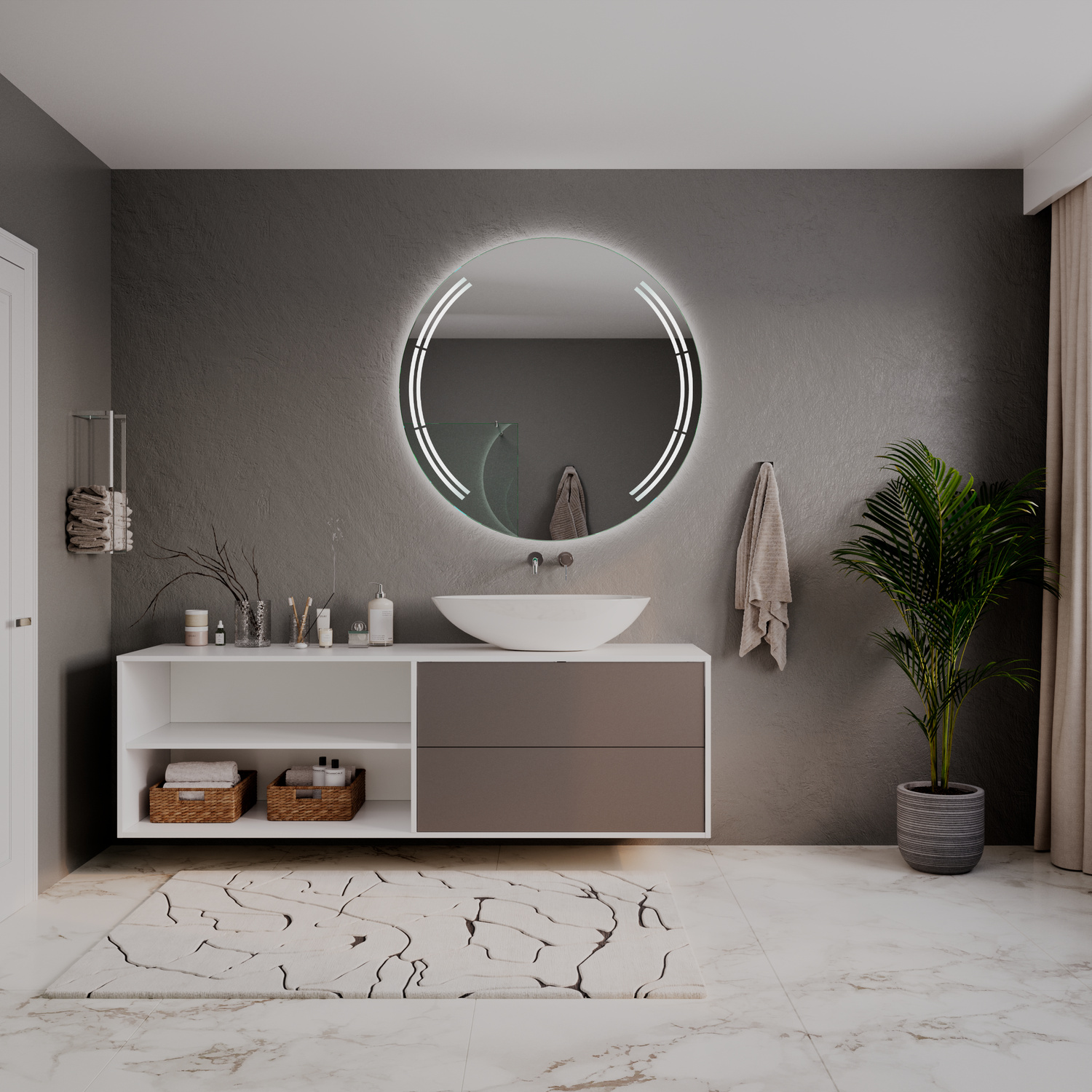 AROME runder LED-Badspiegel mit eingeschalteter Beleuchtung, 1500x1500 mm, leuchtender weißer Rahmen mit LED-Lichtring, über weißem Aufsatzwaschbecken auf modernem Waschtisch mit weißen und taupefarbenen Fronten, elegantes Bad, Marmorboden