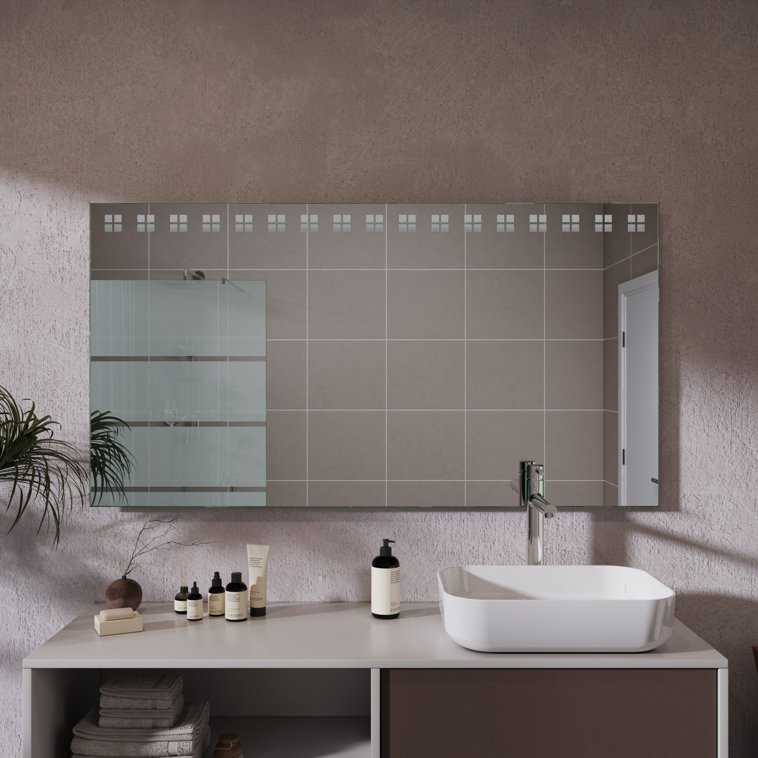 MENTON LED-Badspiegel mit ausgeschalteter Beleuchtung, 1500x1500 mm, rechteckig rahmenlos mit oberen Lichtstreifen und linken Glasregalfächern, über zweifarbigem Waschtisch mit weißem rechteckigem Aufsatzwaschbecken, beige Fliesenwand