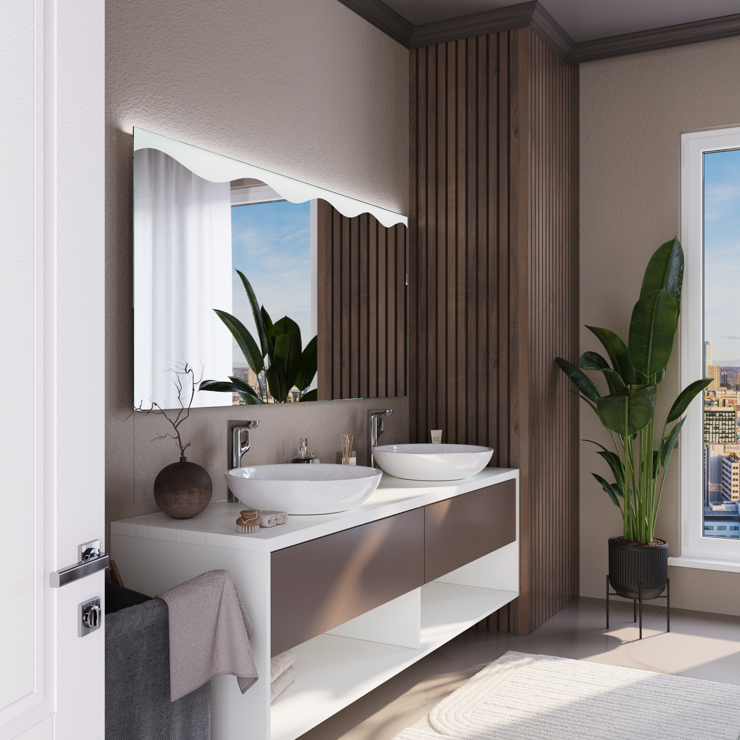 Wandspiegel Vannes mit eingeschalteten seitlichen LED-Leisten, Seitenansicht, über schwebendem Waschtisch mit weißem Waschbecken, dunkelbrauner Unterschrank, Grünpflanzen, geriffelte Holzwand, modernes Badezimmer