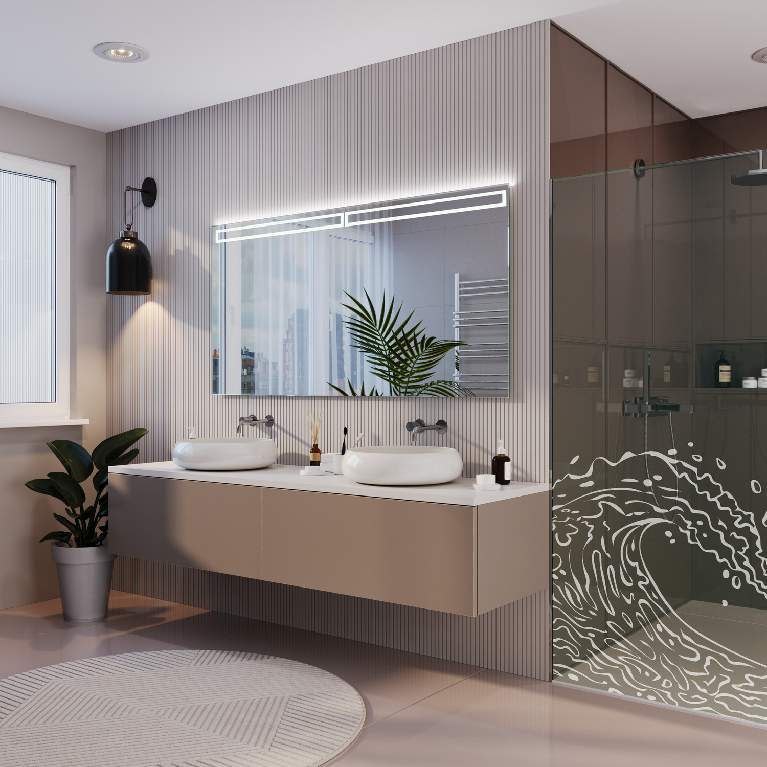 ROUBAY beleuchteter Badezimmerspiegel 1500x1500 mm mit LED-Beleuchtung in luxuriösem Badezimmer mit Doppelwaschtisch, Badewanne und dekorativer GlastrennwandRetry