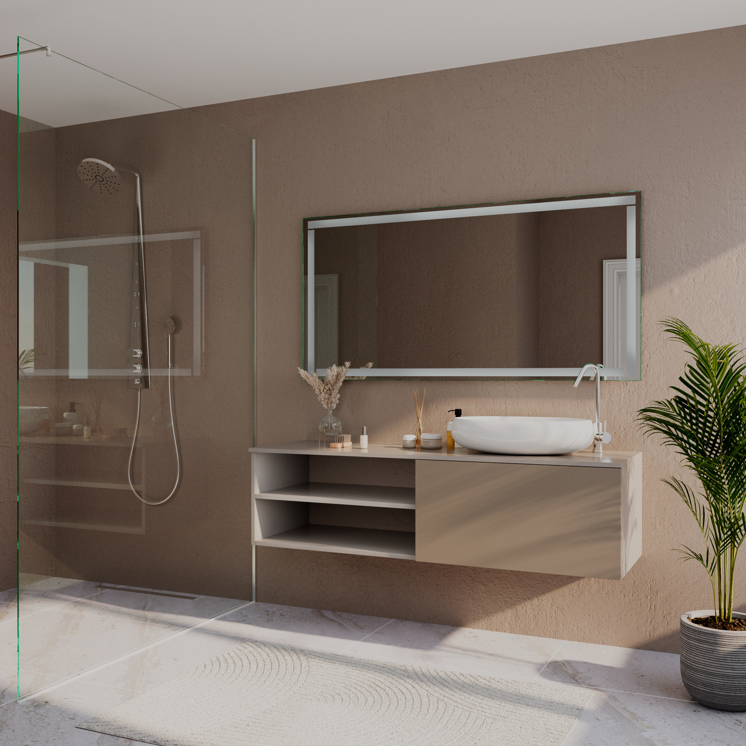 GELA rechteckiger LED-Badspiegel mit silbernem Metallrahmen und ausgeschalteter Beleuchtung, 1500x1500 mm, über hellem Holzwaschtisch mit weißem Aufsatzwaschbecken, beige-braune Wand, modernes Bad mit Duschbereich und Grünpflanze, Seitenansicht