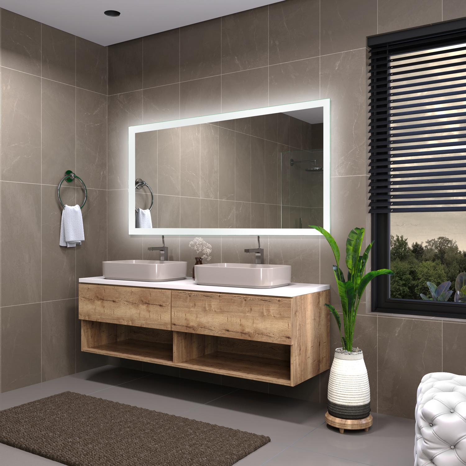 Badspiegel Sete 40 LightsOn 1500x1500 rechteckiger LED-Badspiegel mit eingeschalteter Rahmenbeleuchtung über zwei weißen Aufsatzwaschbecken und schwebendem Doppelwaschtisch in Holzoptik in modernem BadezimmerRetry
