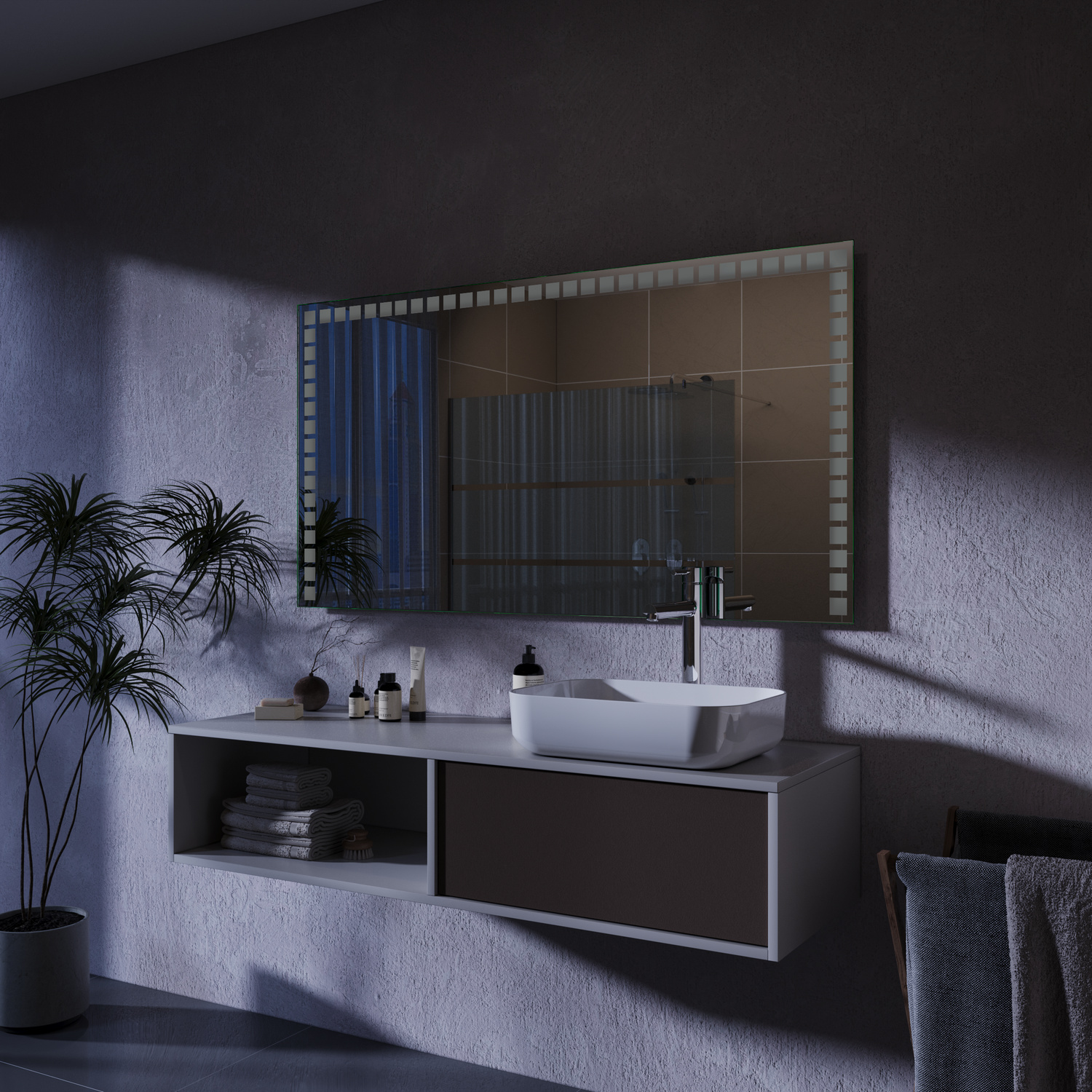 Villeurs LED-Badspiegel rechteckig mit Niet-Optik-Rahmen, 1500x1500 mm, Beleuchtung ausgeschaltet, seitliche Perspektive, über braunem schwebenden Waschtisch mit offenem Fach und weißem rechteckigen Waschbecken, modernes Bad in Nachtansicht, dunkle Stimmu