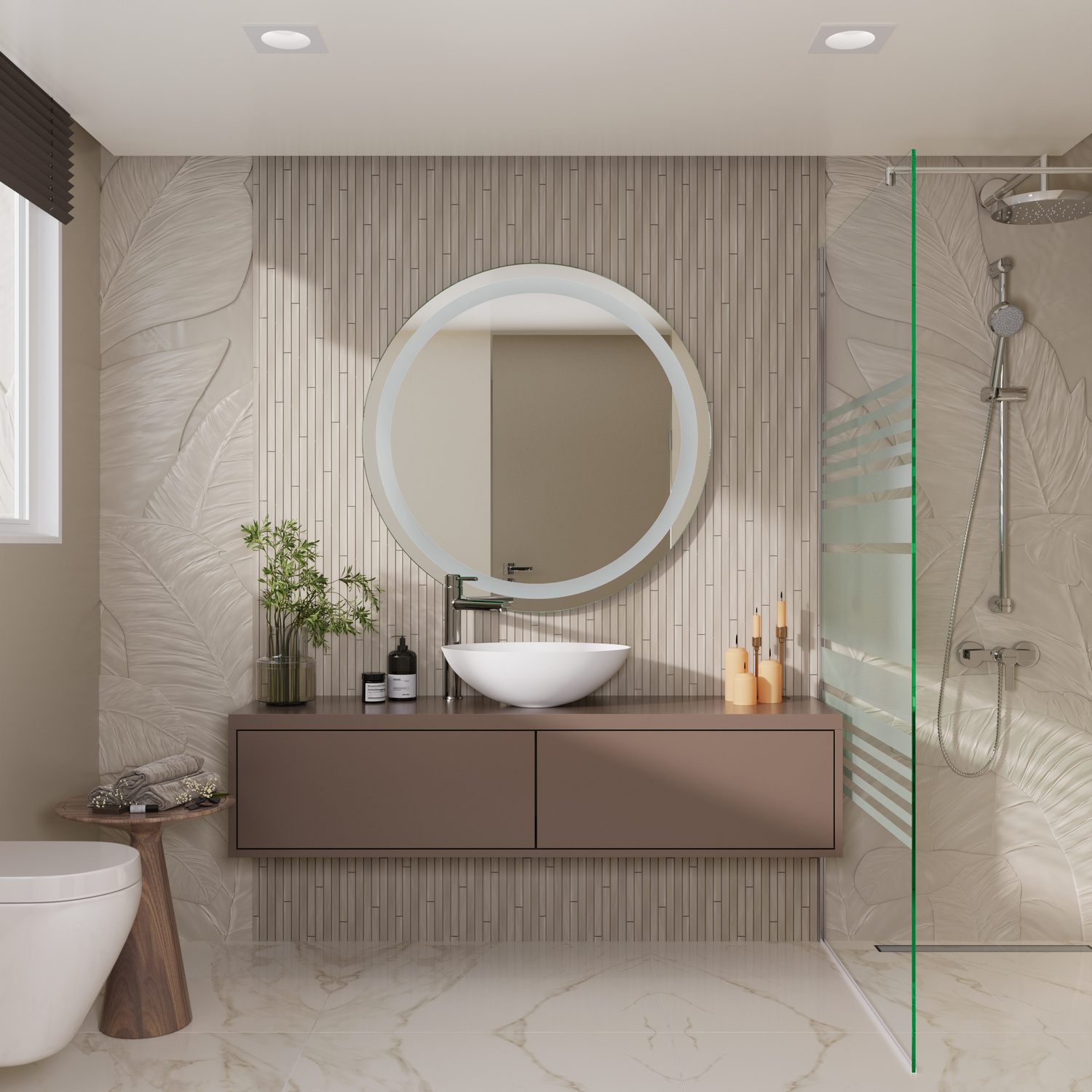 AZOR Badezimmerspiegel 1500x1500 mm rund ohne Beleuchtung in elegantem Badezimmer mit Aufsatzwaschbecken und GlasduscheRetry