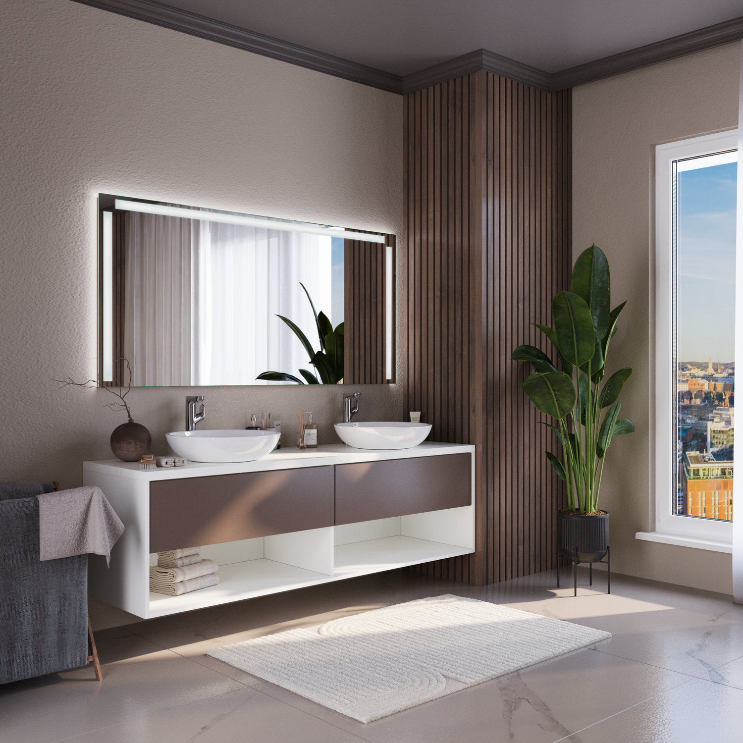 STRASBOURG LED-Badspiegel mit eingeschalteter Beleuchtung, 1500x1500 mm, rechteckig mit leuchtendem Rahmen und seitlichen LED-Streifen, seitliche Perspektive, über zwei weißen eckigen Aufsatzwaschbecken auf schwebendem Waschtisch, Holzvertäfelung, Fenster