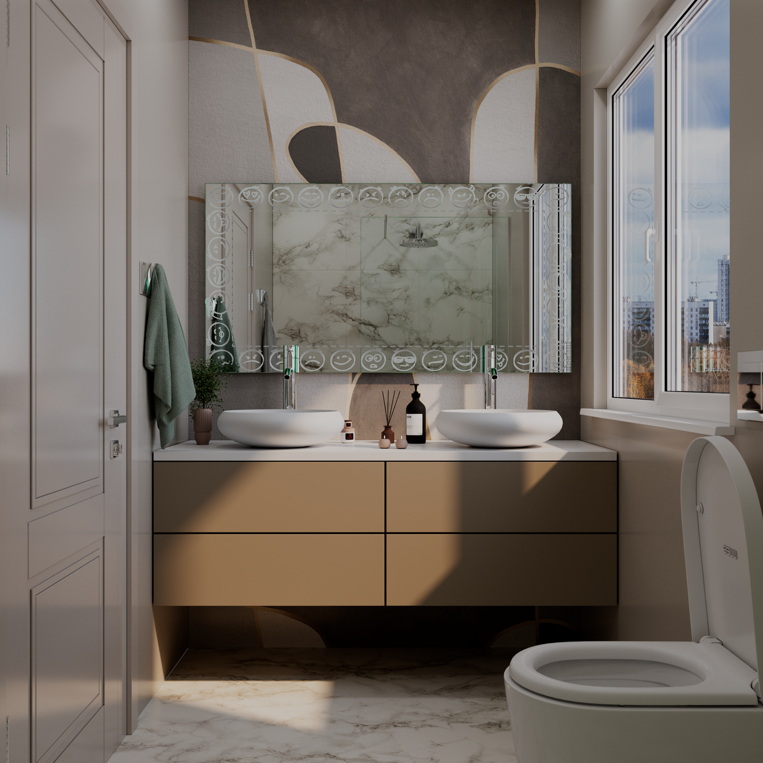 LD432 Spiegelschrank 150x150 cm unbeleuchtet mit drei Türen und Marmoroptik-Einlage über modernem Doppelwaschtisch mit goldenen Fronten in luxuriösem Badezimmer mit Stadtblick