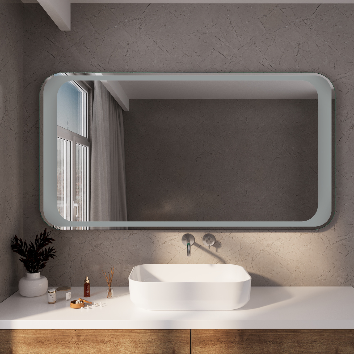 ALVADOS RAD LED-Badspiegel mit ausgeschalteter Beleuchtung, 1500x1500 mm, abgerundete Ecken, silberner Rahmen, über weißem Waschtisch mit ovalem Aufsatzwaschbecken und Wandarmaturen, modernes Bad mit anthrazitfarbener Wand