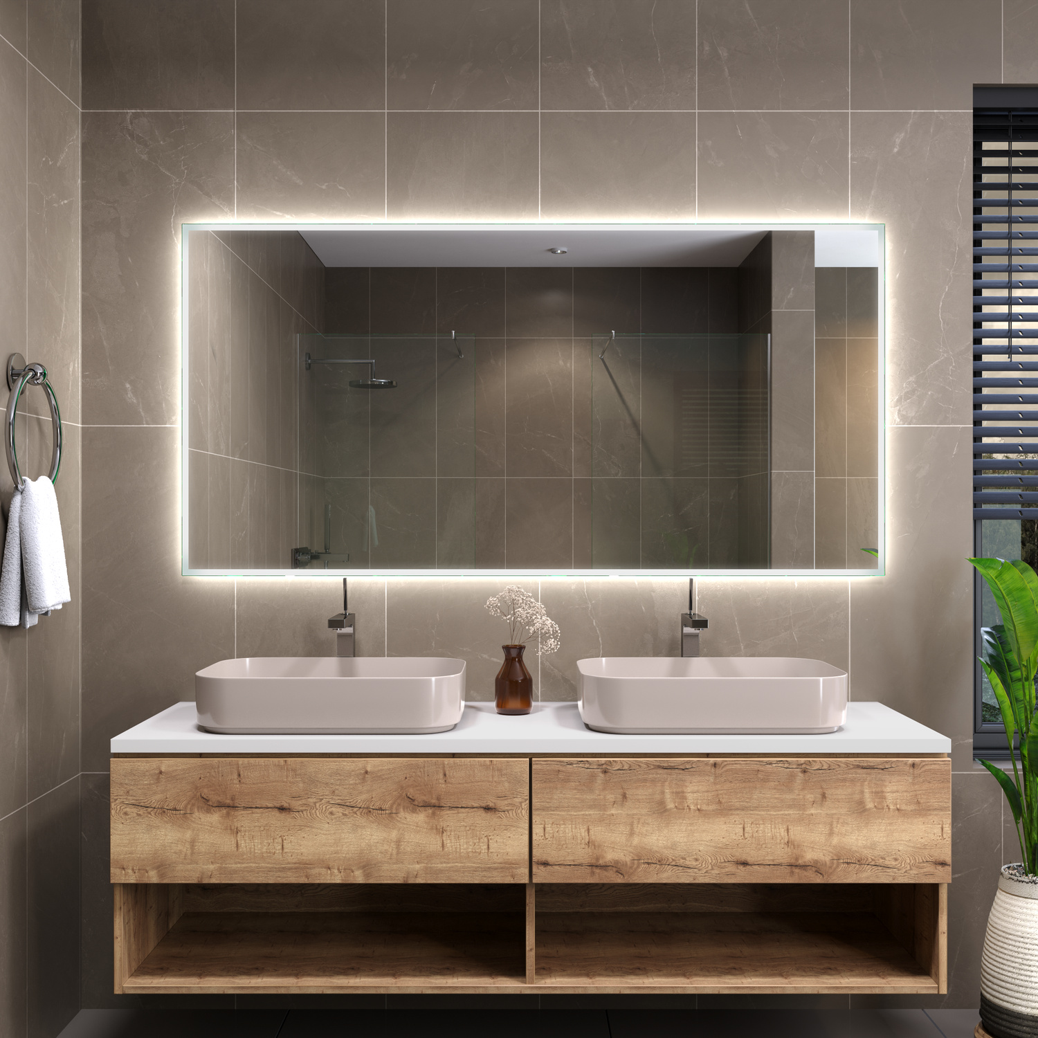 Badspiegel Sete 20 in Nahaufnahme mit eingeschalteter LED-Beleuchtung – elegantes, rahmenloses Design mit gleichmäßigem Lichtschein.