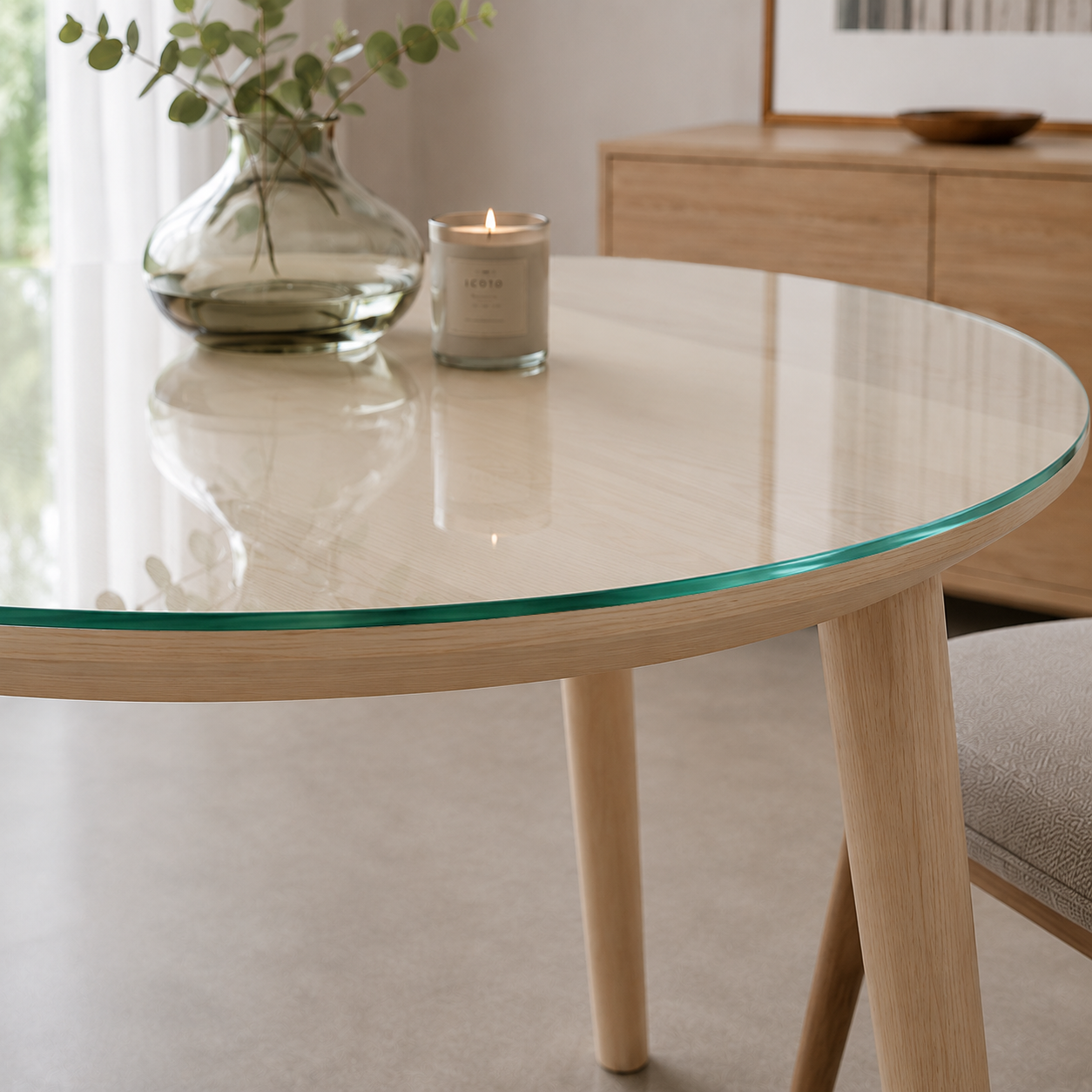 Maßgefertigte Schutzglasplatte für IKEA LISABO Esstische mit sorgfältig polierten Glaskanten