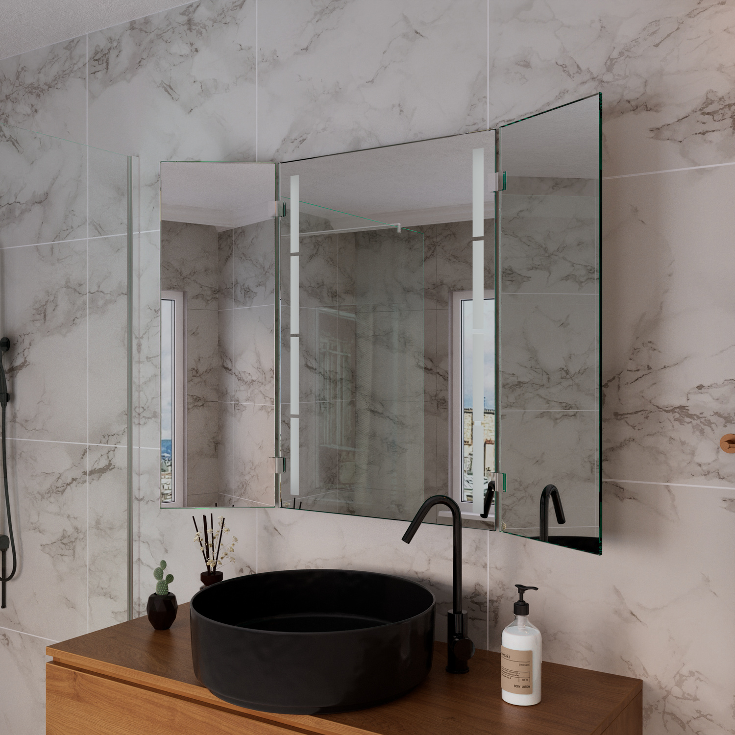 PORTAL NOUS LED-Badspiegel mit ausgeschalteter Beleuchtung, 1500x1500 mm, zwei vertikale Lichtleisten in der Mitte, seitliche Ansicht über Holzwaschtisch mit schwarzem rundem Aufsatzwaschbecken und schwarzer Armatur, elegantes Bad mit hellen Marmoroptik-F