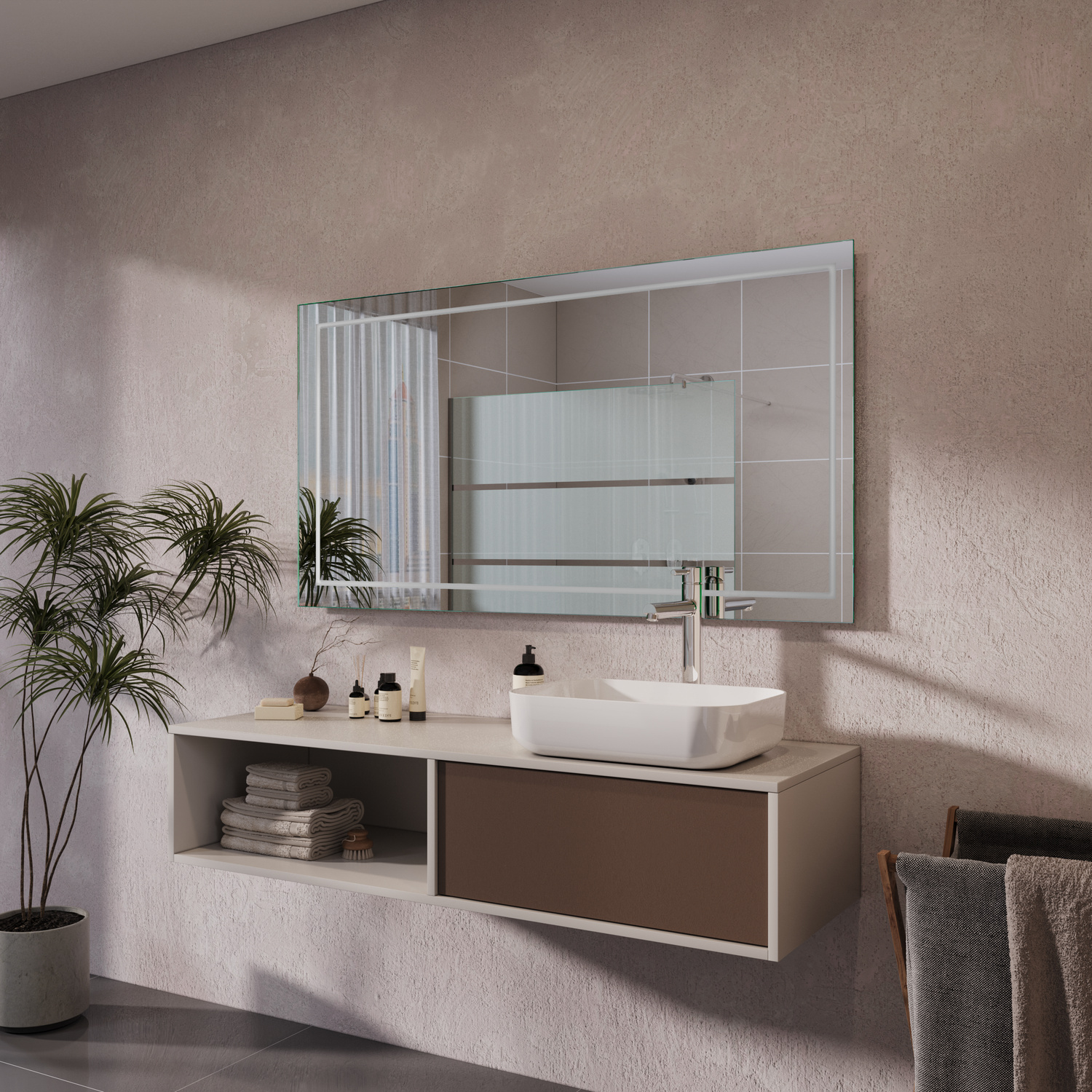 ZARA Badezimmerspiegel 1500x1500 mm mit Rahmen in seitlicher Perspektive ohne Beleuchtung über modernem zweifarbigem schwebendem Waschtisch mit rechteckigem AufsatzwaschbeckenRetry