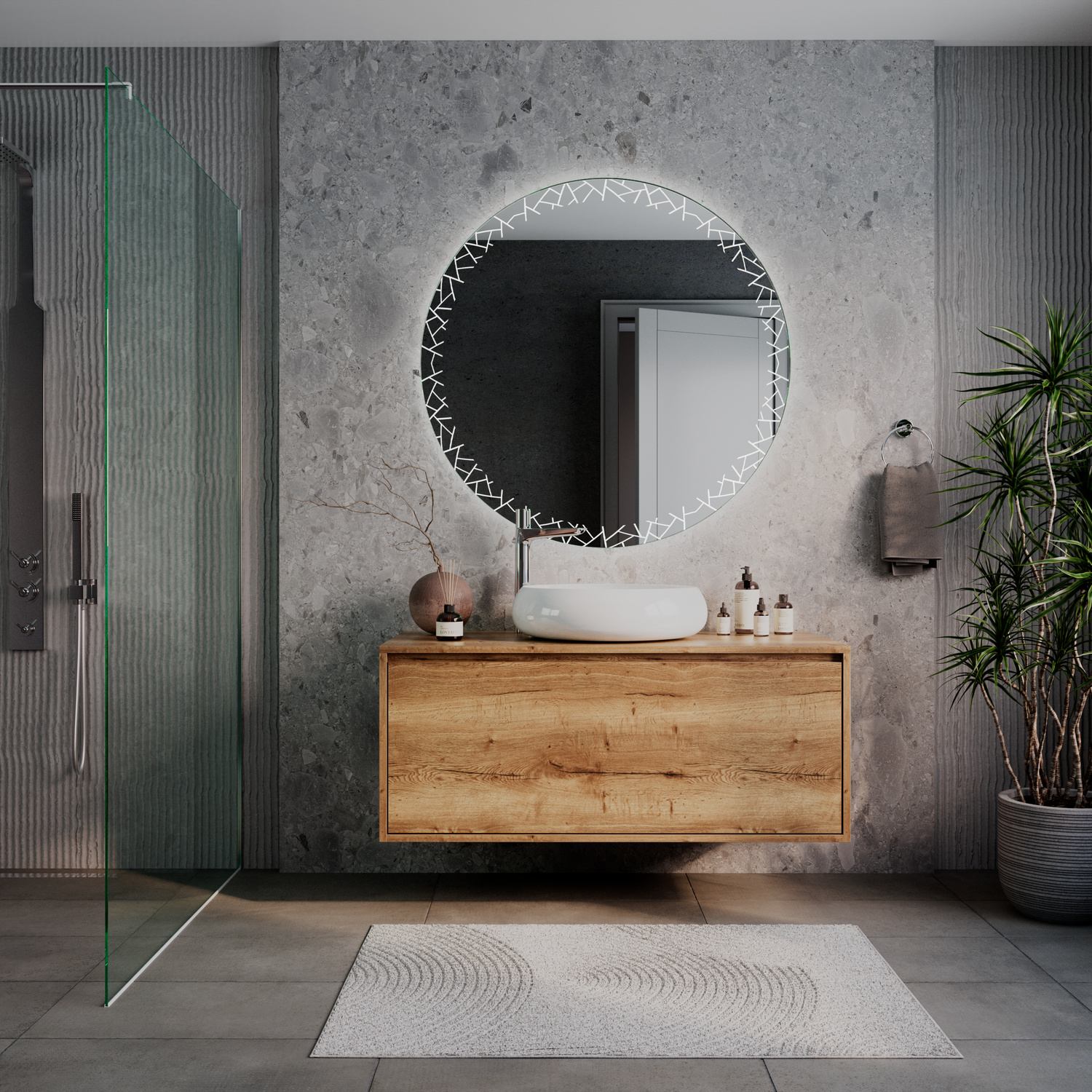 LDR503 runder Badspiegel mit eingeschalteter LED-Beleuchtung im Kristallrahmen, 1500x1500 mm, leuchtend, Gesamtansicht Bad über Holzwaschtisch mit weißem Waschbecken, graue Betonwand, grüne Glas-Duschtrennwand, modernes natürliches Bad