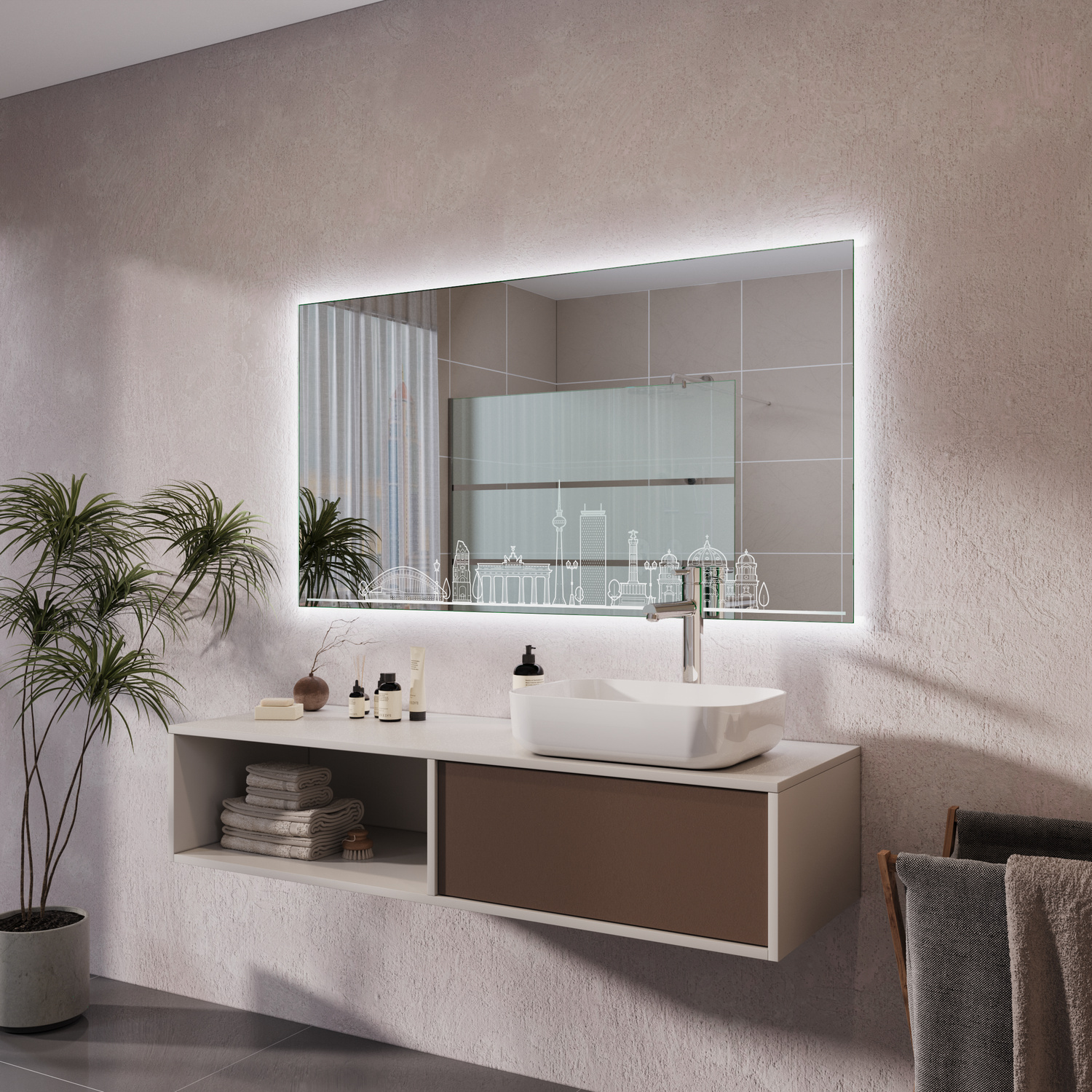 SKYBERLIN1 rechteckiger LED-Badspiegel mit eingeschalteter warmweißer Beleuchtung, 1500x1500 mm, seitliche Ansicht, leuchtender Lichtrahmen, über weißem Aufsatzwaschbecken auf Waschtisch mit Regalfach und Schublade