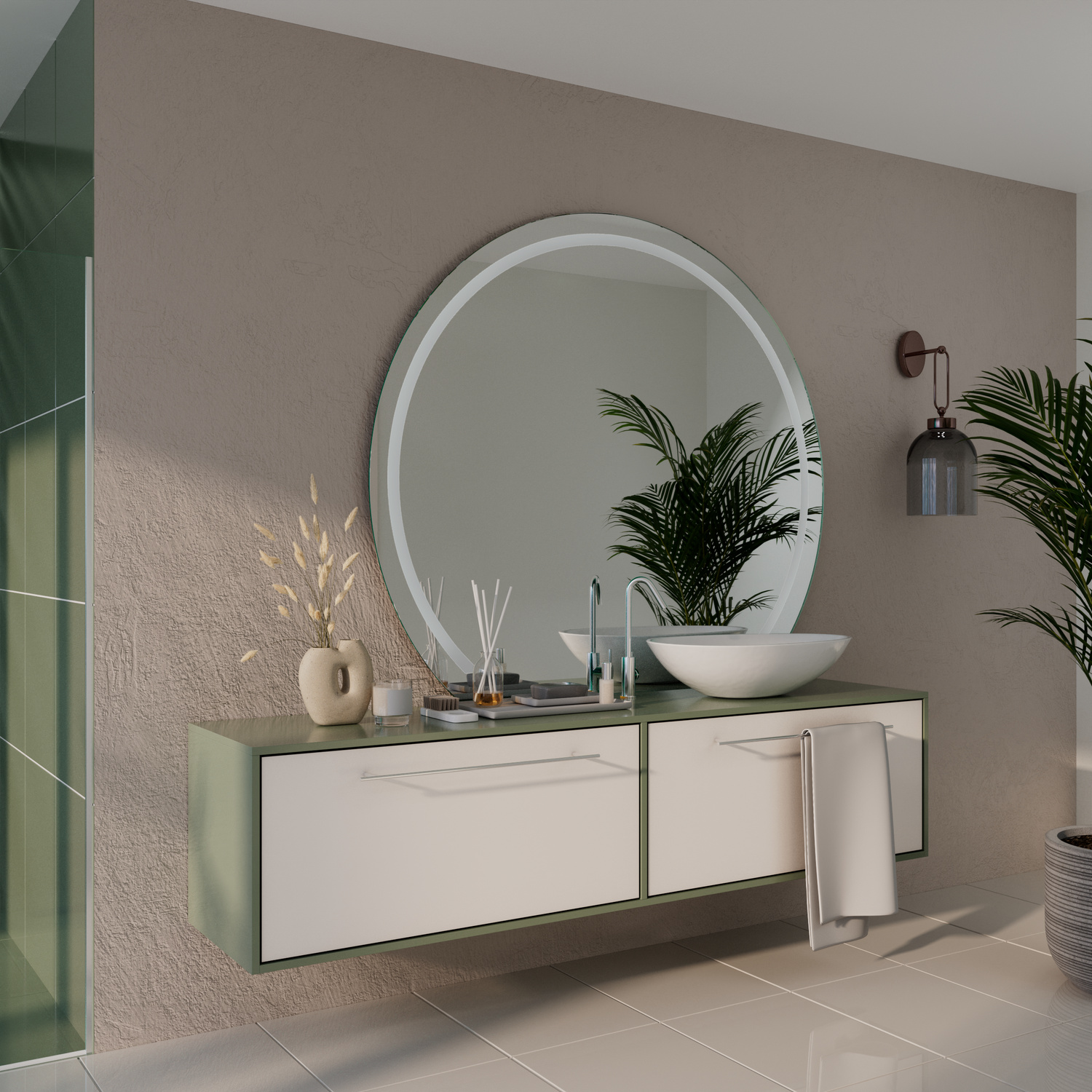 ADEO C1 runder LED-Badspiegel mit ausgeschalteter Beleuchtung, 1500x1500 mm, Seitenansicht mit weißem Rahmen, über modernem weißen Waschtisch mit weißem rundem Aufsatzwaschbecken und Standarmatur, elegantes Bad mit beiger Wand und Pflanzen