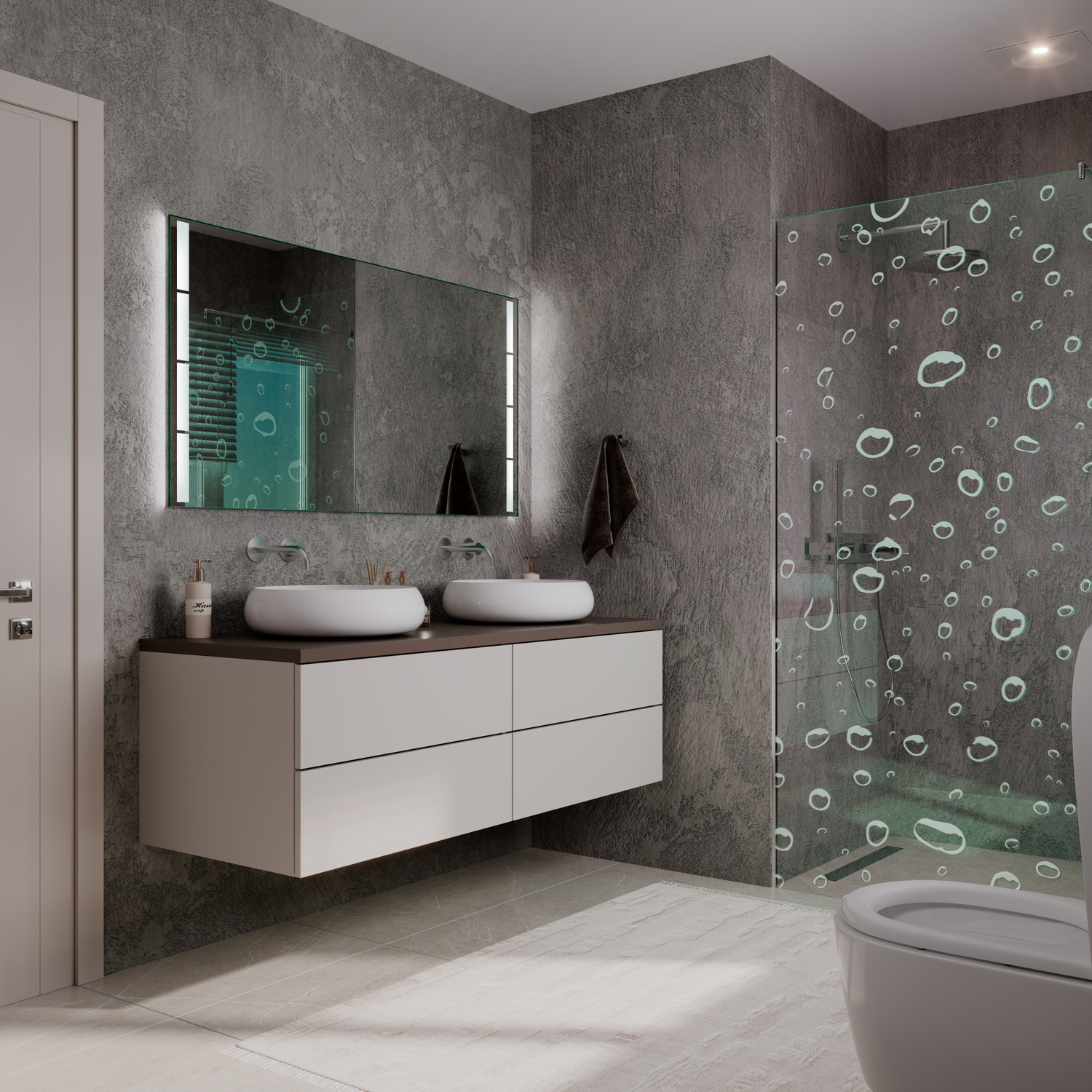 Badspiegel Portals Nous mit eingeschalteten seitlichen LED-Leisten, Seitenansicht, schwarzer Rahmen, über schwebendem Waschtisch mit zwei weißen Aufsatzwaschbecken, weißer Unterschrank, Betonwand-Optik, Glasdusche, minimalistisch