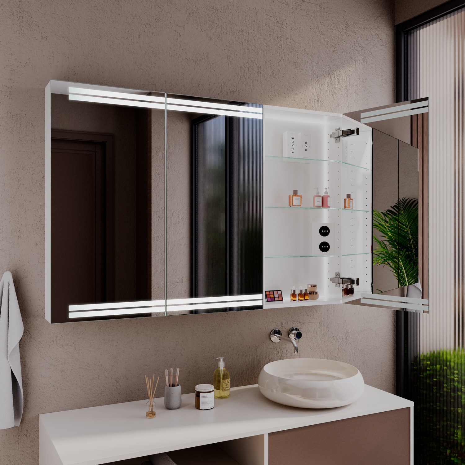 "COMINO Spiegelschrank mit LED-Beleuchtung, 1500x1500 mm, geöffnete Flügeltüren zeigen beleuchtete Innenregale mit Kosmetikartikeln, verspiegelte Innenseiten der Türen, montiert über weißem Waschtisch mit rundem Aufsatzwaschbecken, modernes Badezimmer mit