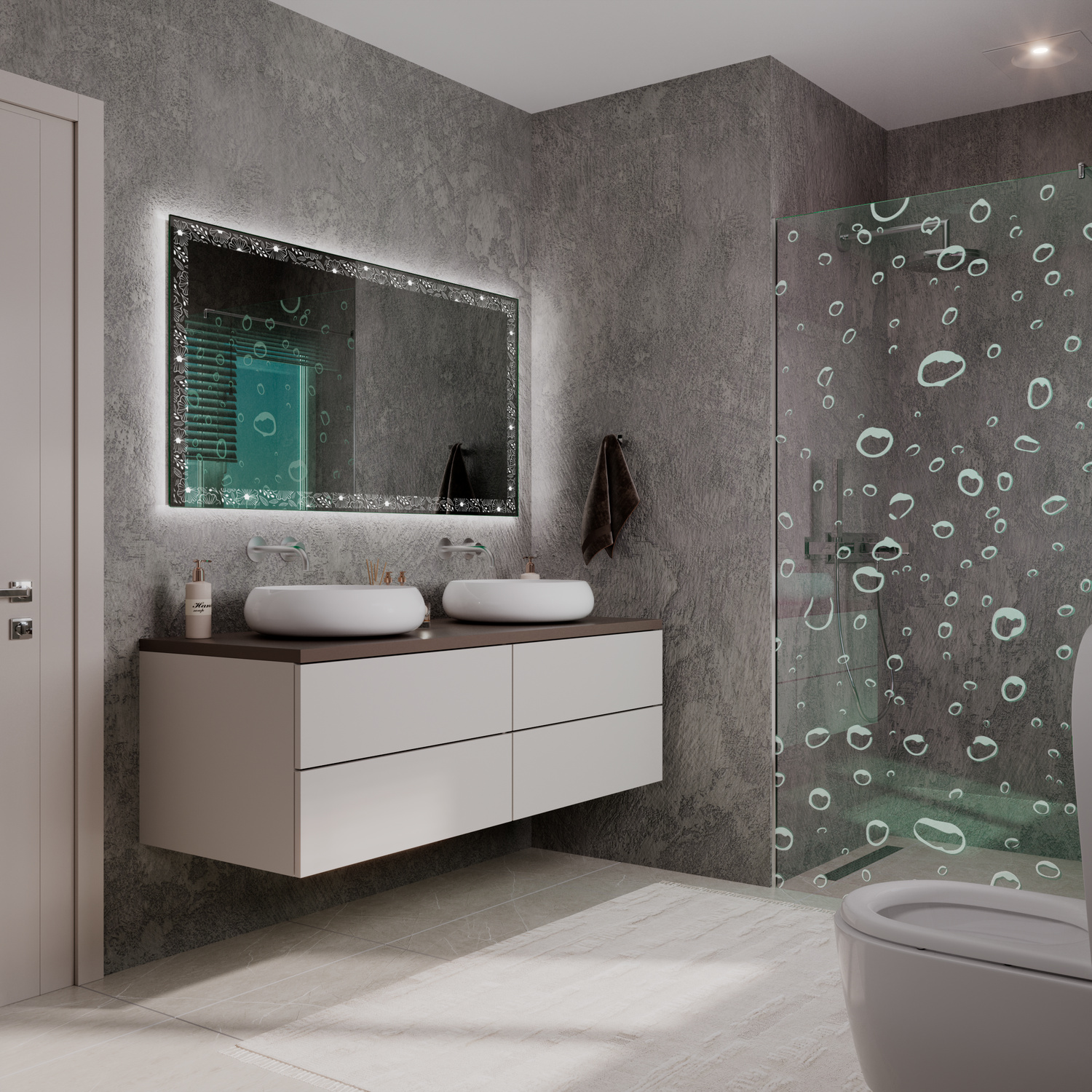 LD414 rechteckiger Wandspiegel mit dekorativem Kristallrahmen und eingeschalteter LED-Hintergrundbeleuchtung, 1500x1500 mm, Seitenansicht mit leuchtendem warmweißen Licht hinter dem Kristallrahmen, montiert über schwebendem weißen Doppelwaschtisch mit zwe