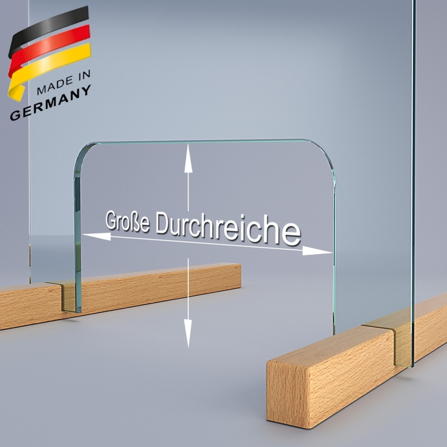 Thekenaufsatz aus ESG-Sicherheitsglas mit großer Durchreiche und Holzsockel, Made in Germany QualitätRetry
