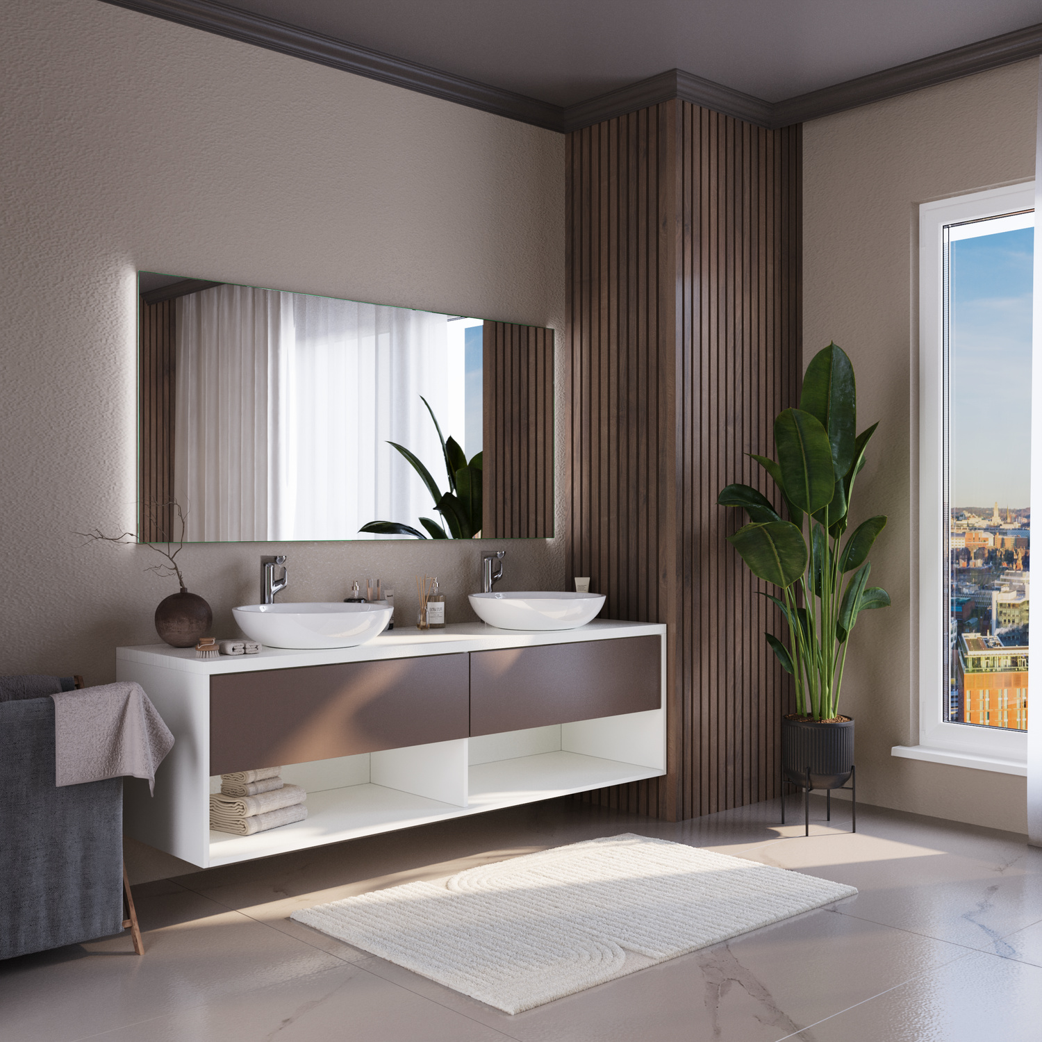 Badspiegel Modell Grasse aus seitlichem Blickwinkel über modernem Doppelwaschtisch, elegantes Badezimmer mit großem Fenster und Pflanzen.