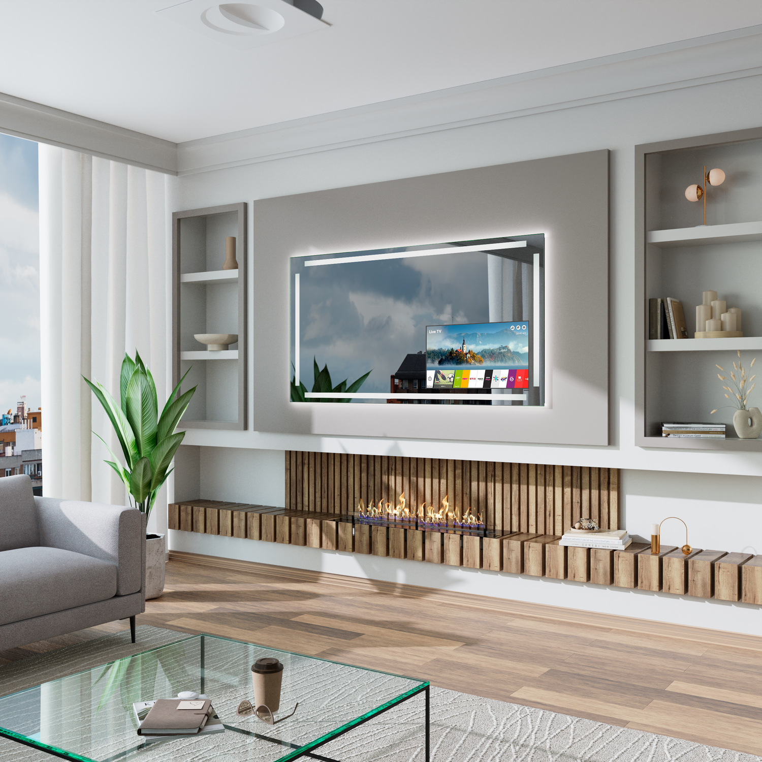 Wandspiegel T411 mit eingeschalteter LED-Rahmenbeleuchtung, Seitenansicht, integrierter TV-Bildschirm, montiert in grauer Wandnische über Holzverkleidung, seitliche Regale, Wohnzimmer mit Glastisch, Sofa, Grünpflanze