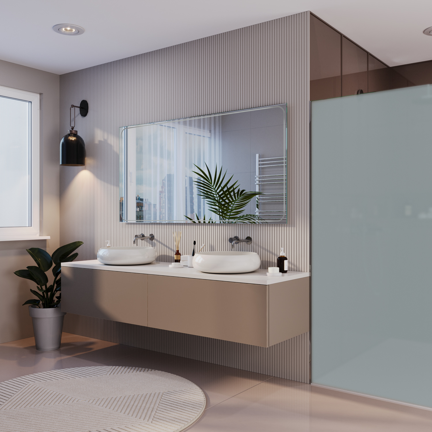 MASSA Doppel-Badspiegel in Seitenansicht ohne Beleuchtung, 1500x1500 mm, ausgeschaltete LED-Hintergrundbeleuchtung, über zwei weißen runden Waschbecken auf hellem schwebenden Waschtisch, geriffelte Wand, Pflanzen, runder Teppich, modernes Bad