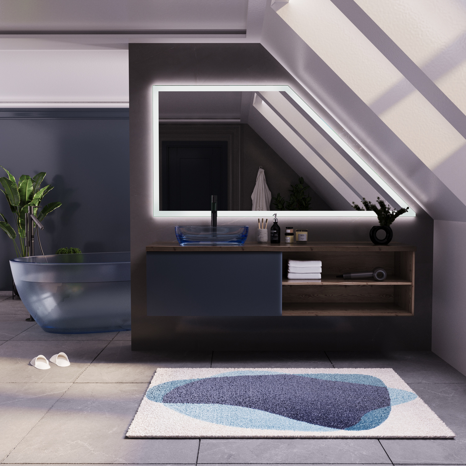 SETE DS30 beleuchteter Badezimmerspiegel 1500x1500 mm mit 30 mm Rahmenbreite und LED-Beleuchtung in modernem Dachschrägen-Badezimmer mit dunklem Waschtisch und freistehender BadewanneRetry