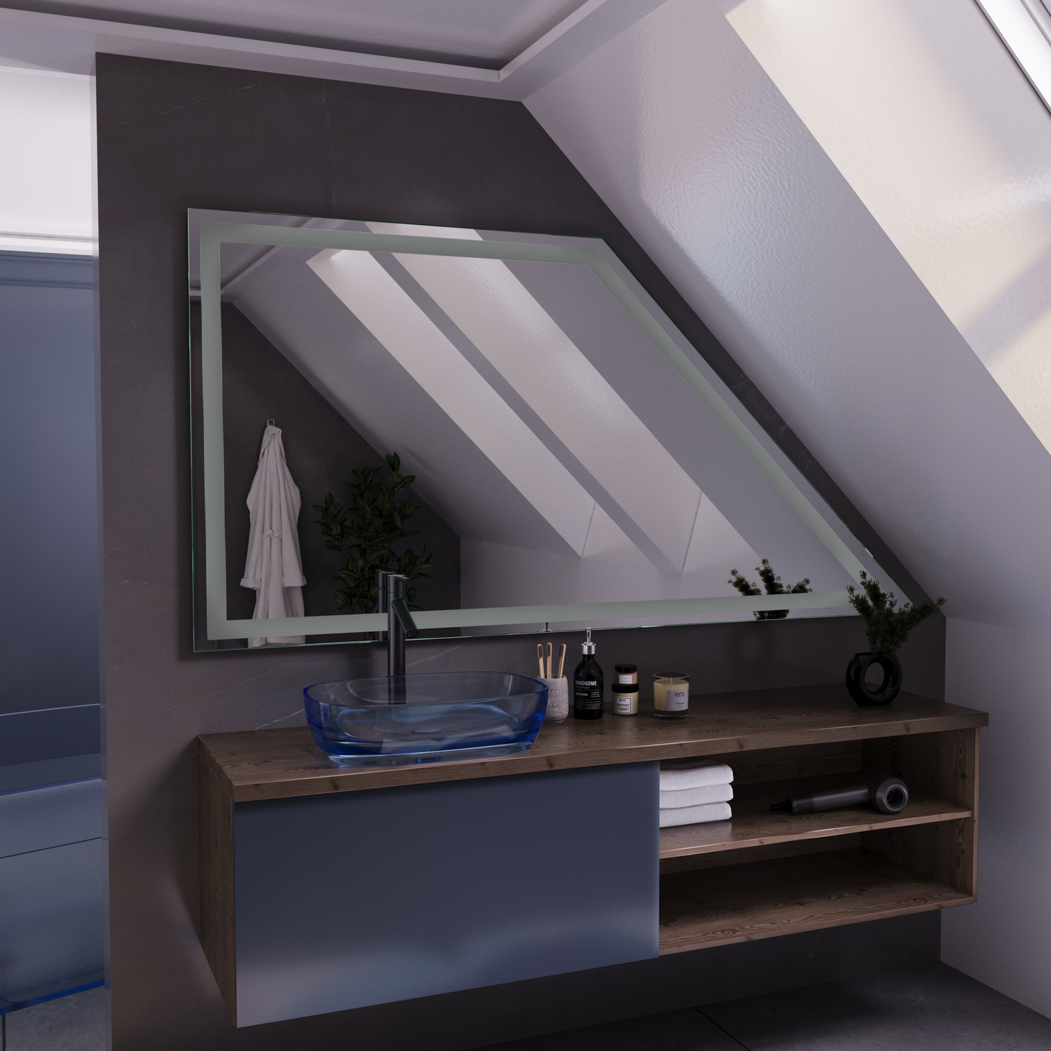 Wandspiegel TOULON DS ohne Beleuchtung, rechteckig mit dunklem Rahmen, montiert über schwebendem Waschtisch mit schwarzer Schublade und Holzablage, Dachschräge mit Dachfenster, graue Wand, modernes Dachbadezimmer, minimalistisch