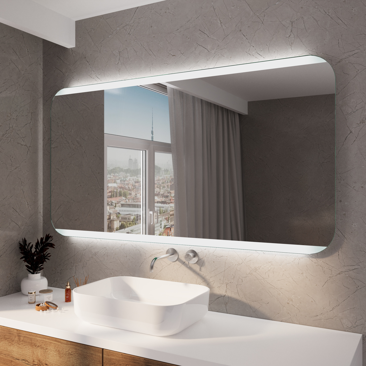 LATTES RAD LED-Badspiegel mit eingeschalteter Hintergrundbeleuchtung, 1500x1500 mm, abgerundete Ecken, warmweißes Licht hinter Spiegel, über weißem Waschtisch mit ovalem Aufsatzwaschbecken, modernes Bad mit anthrazitfarbener Wand