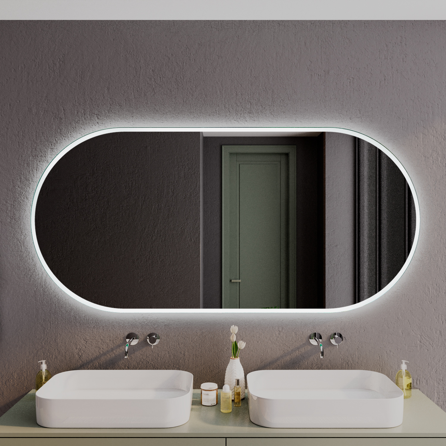 SETE OV15 beleuchteter ovaler Badezimmerspiegel 1500x1500 mm mit 15 mm Rahmenbreite und LED-Beleuchtung aus nächster Nähe über Doppelwaschtisch mit zwei rechteckigen AufsatzwaschbeckenRetry