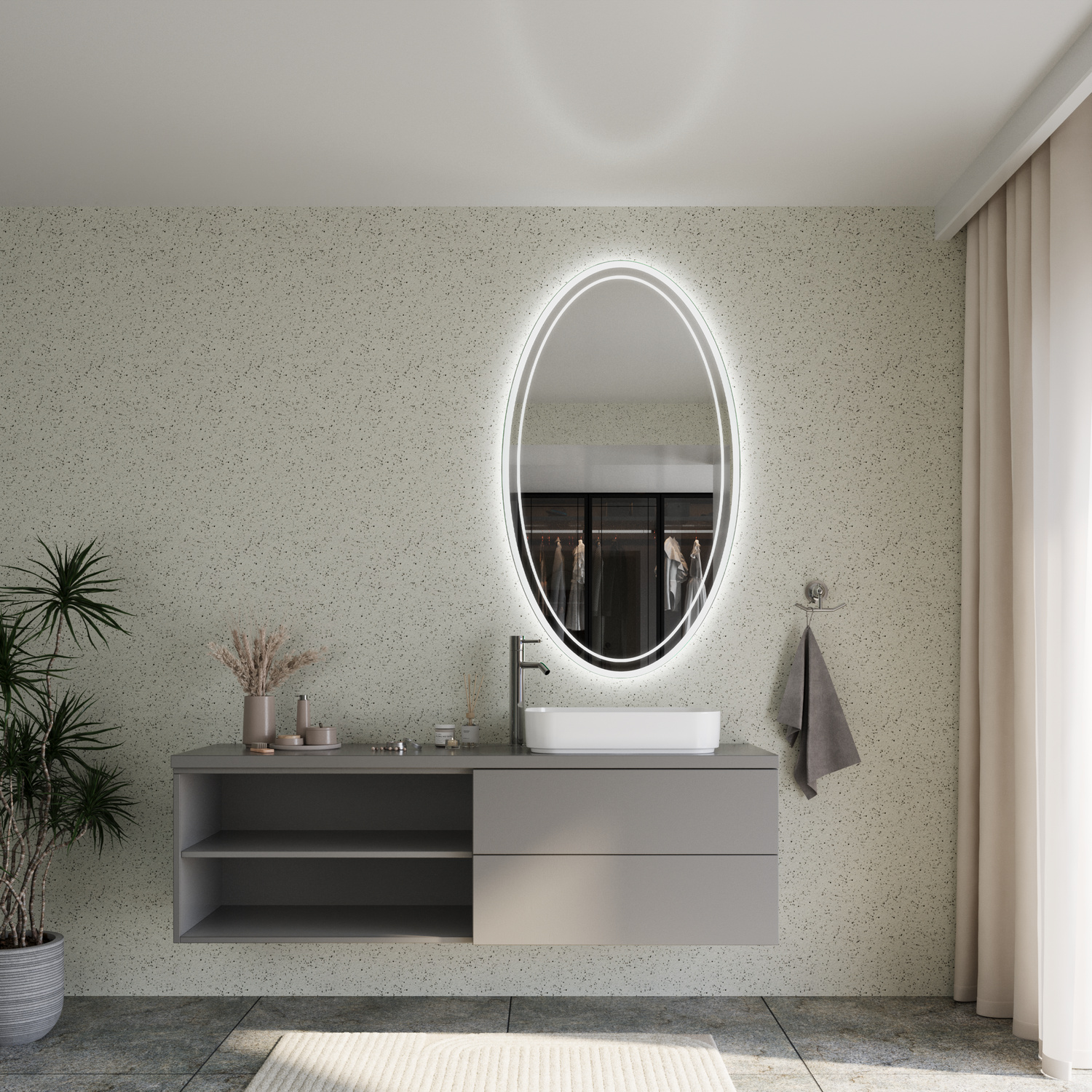 AMADORA ovaler LED-Badspiegel mit eingeschalteter Hintergrundbeleuchtung, 1500x1500 mm, leuchtend mit warmweißem Lichtrahmen, über zweifarbigem Waschtisch mit weißem Aufsatzwaschbecken, modernes Bad mit beiger Strukturwand