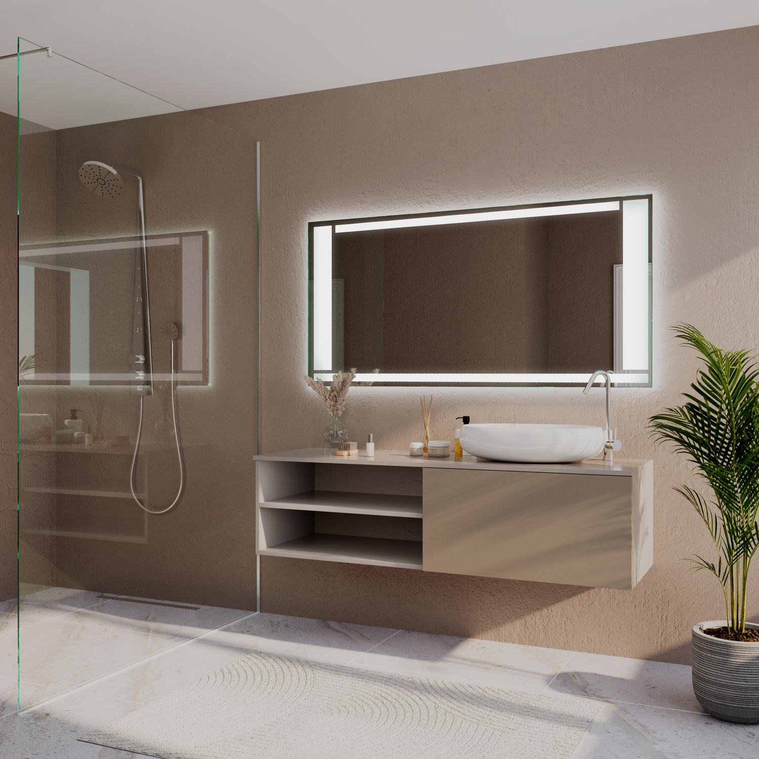 CASERTA rechteckiger LED-Spiegelschrank mit Seitenspiegeln und eingeschalteter Beleuchtung, 1500x1500 mm, leuchtend mit warmweißem Lichtrahmen, seitliche Perspektive, über weißem Aufsatzwaschbecken auf beigem Waschtisch mit Regalfächern, modernes Bad mit