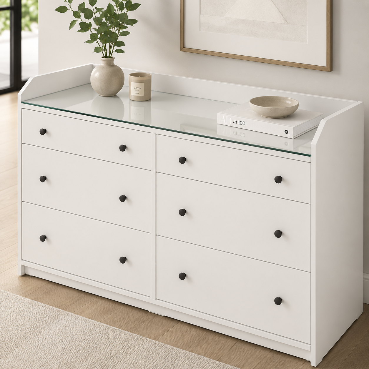 Schutzglasplatte nach Maß für IKEA HAUGA Kommoden mit hochwertig bearbeiteten Glaskanten
