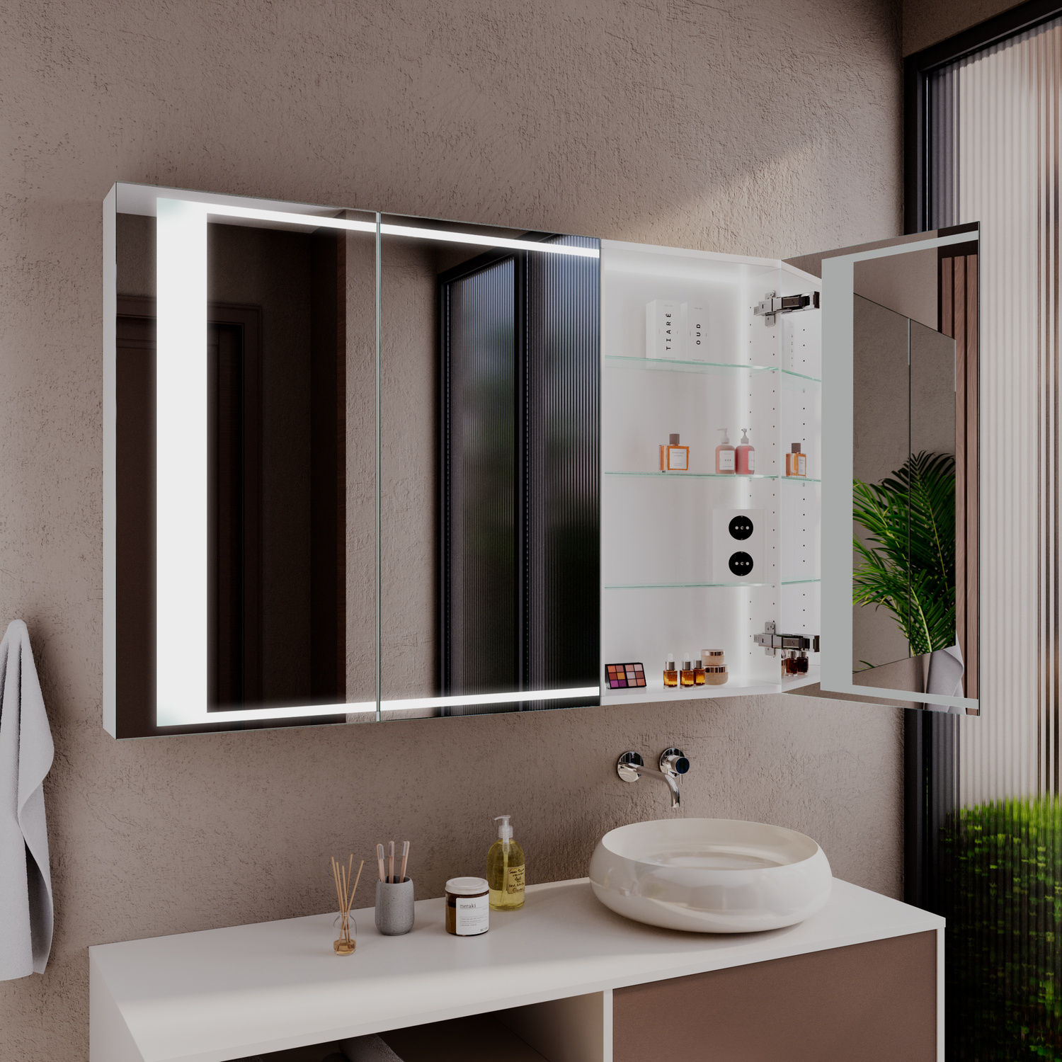 ALENA 1500x1500 LED-Spiegelschrank mit geöffneten Türen und seitlicher Beleuchtung über weißem Aufsatzwaschbecken und Waschtisch in modernem BadezimmerRetry