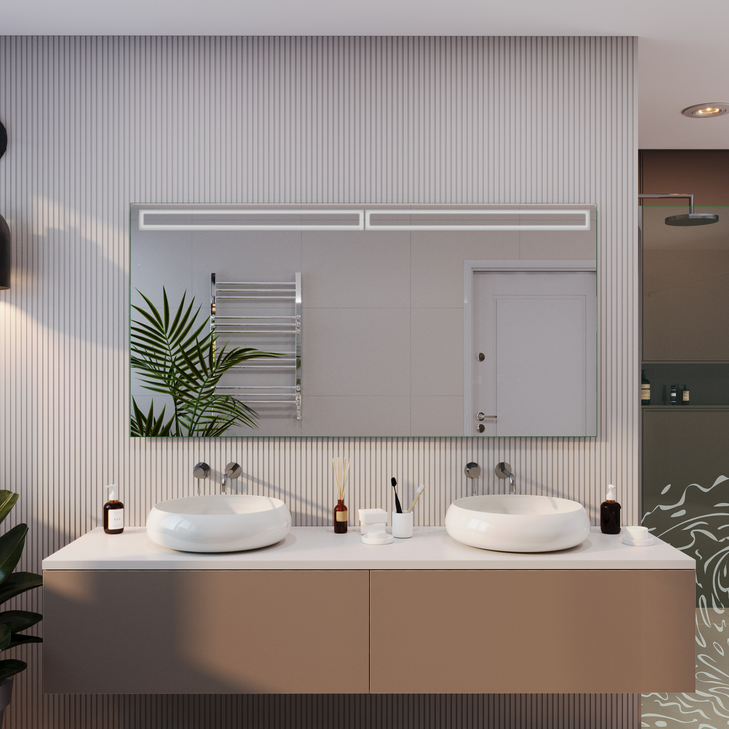 ROUBAY Badezimmerspiegel 1500x1500 mm ohne Beleuchtung über Doppelwaschtisch mit zwei Aufsatzwaschbecken und strukturierter WandverkleidungRetry