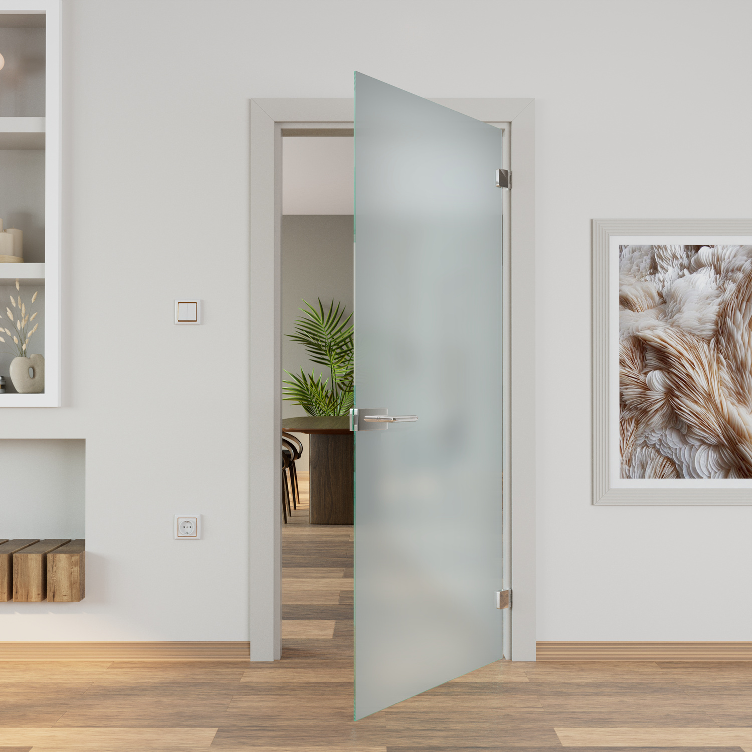 Satineo satinierte Glastür in Milchglasoptik geöffnet, Aluminiumrahmen, Blick in Nebenraum mit Zimmerpflanze und Holztreppe, Holzparkett-Boden, offene Regale und Wandbild, modernes minimalistisches Raumdesign mit lichtdurchlässiger Glasoberfläche