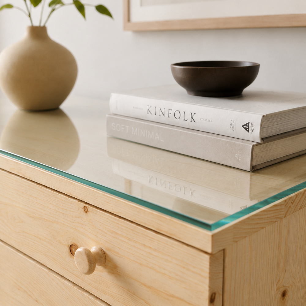 Glasplatte für IKEA TARVA Kommoden 76 x 40 cm Klarglas Detailansicht