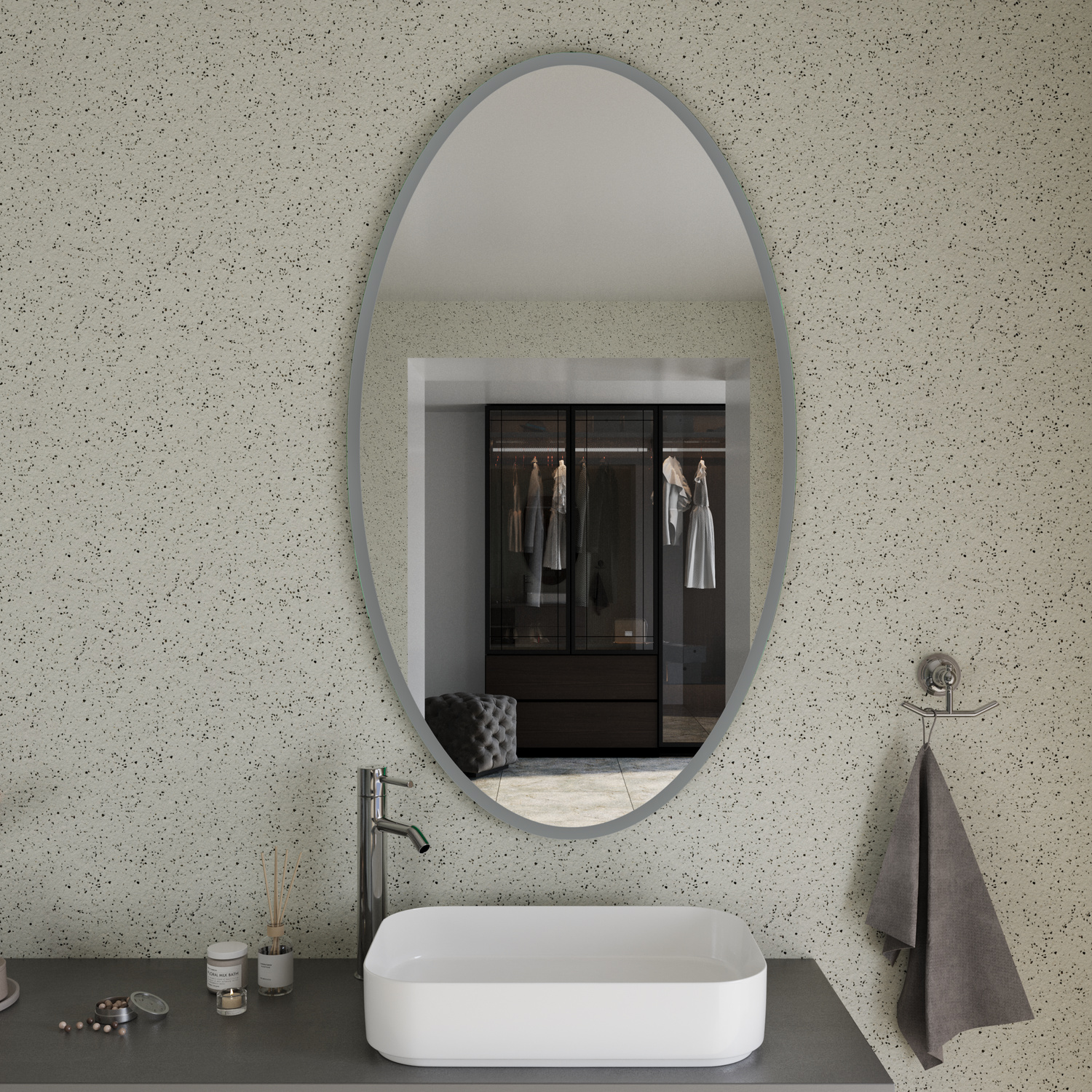 SETE EL15 ovaler Badspiegel ohne Beleuchtung, 1500x1500 mm, ausgeschalteter Zustand, montiert über weißem Aufsatzwaschbecken, modernes Badezimmer mit strukturierter Betonwand und Blick auf begehbaren Kleiderschrank