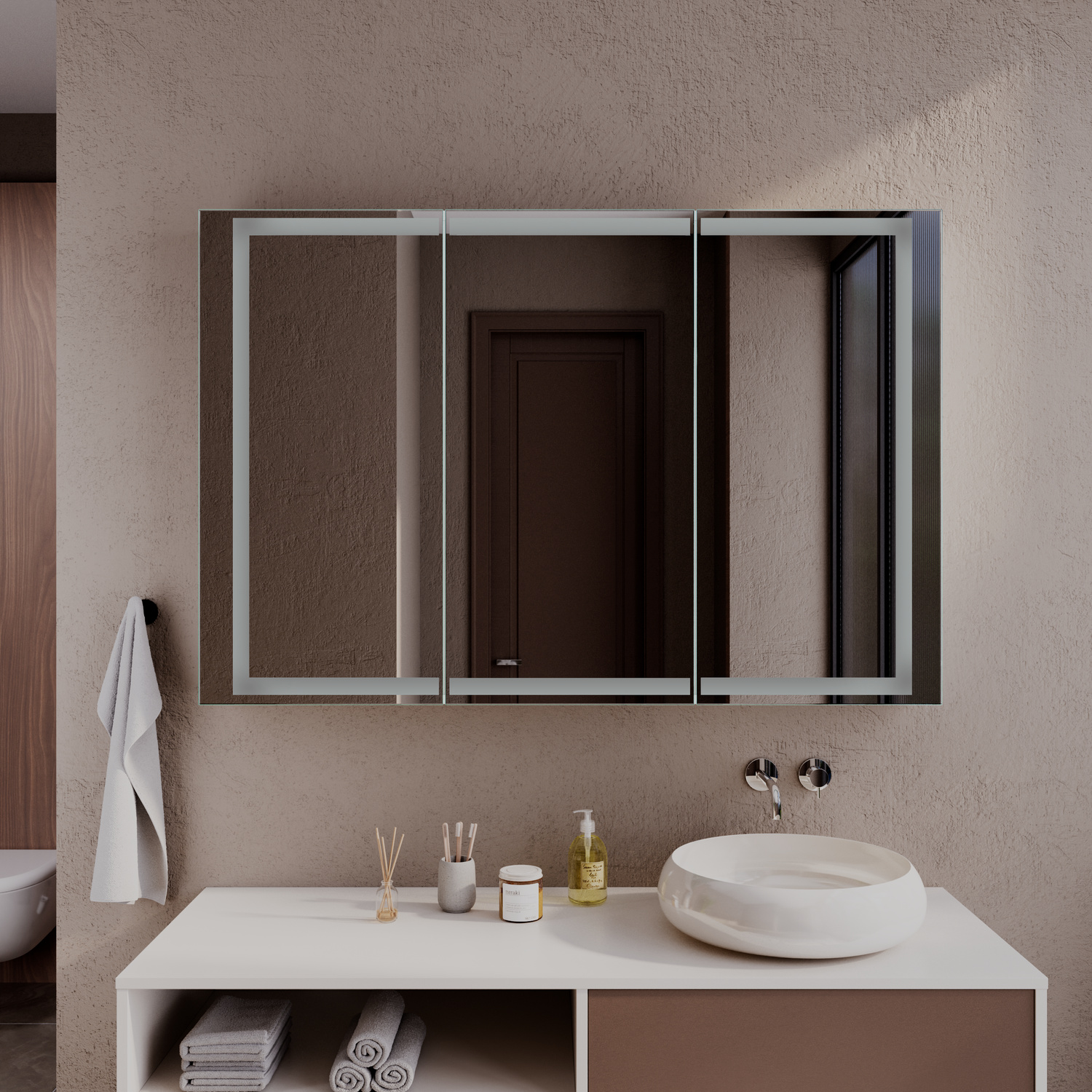 Spiegelschrank Adana in Nahaufnahme mit ausgeschalteter Beleuchtung über einem weißen Waschtisch mit rundem Aufsatzbecken und WandarmaturRetry