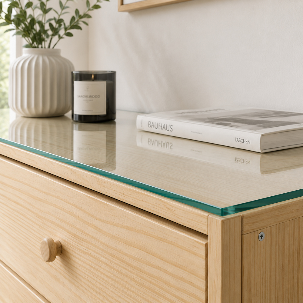 Glasplatte für IKEA RAST Kommoden 124 x 35 cm Klarglas Detailansicht