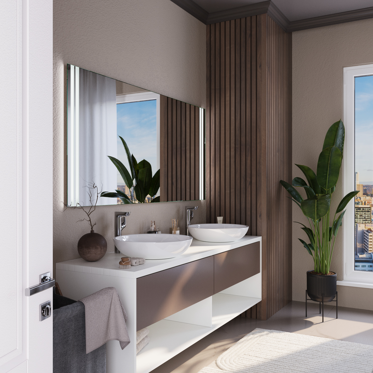 Porto Colom rechteckiger LED-Badspiegel mit eingeschalteten warmweißen vertikalen Lichtstreifen, 1500x1500 mm, seitliche Ansicht, über weißem Aufsatzwaschbecken auf braunem Waschtisch mit Unterschrank, helles Bad