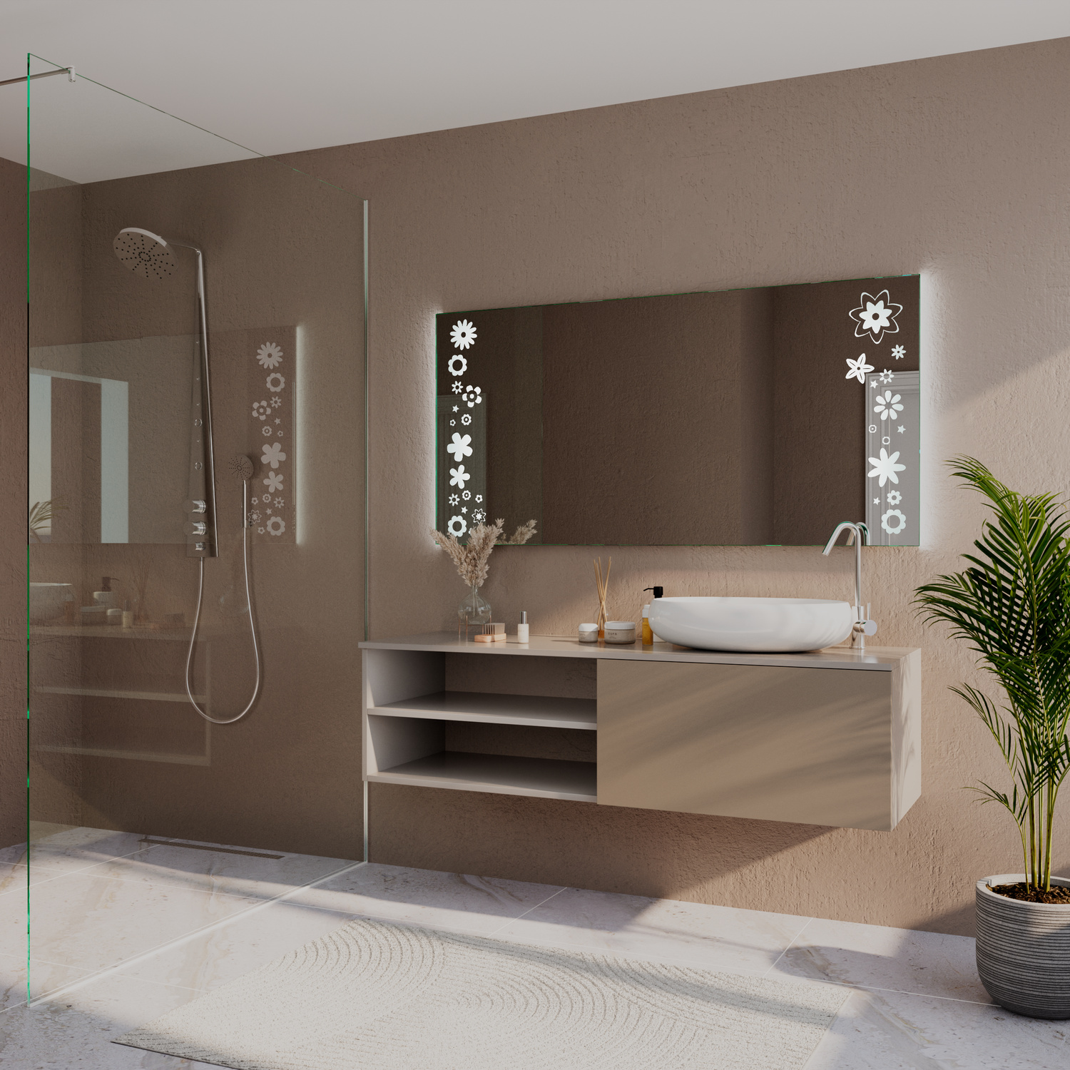 PARMA Badspiegel in Seitenansicht mit eingeschalteter LED-Beleuchtung, 1500x1500 mm, warmweiß leuchtende Blumendekoration seitlich, über weißem Waschbecken auf schwebendem Holzwaschtisch, braune Wand, offene Dusche, Palme, Designerbad