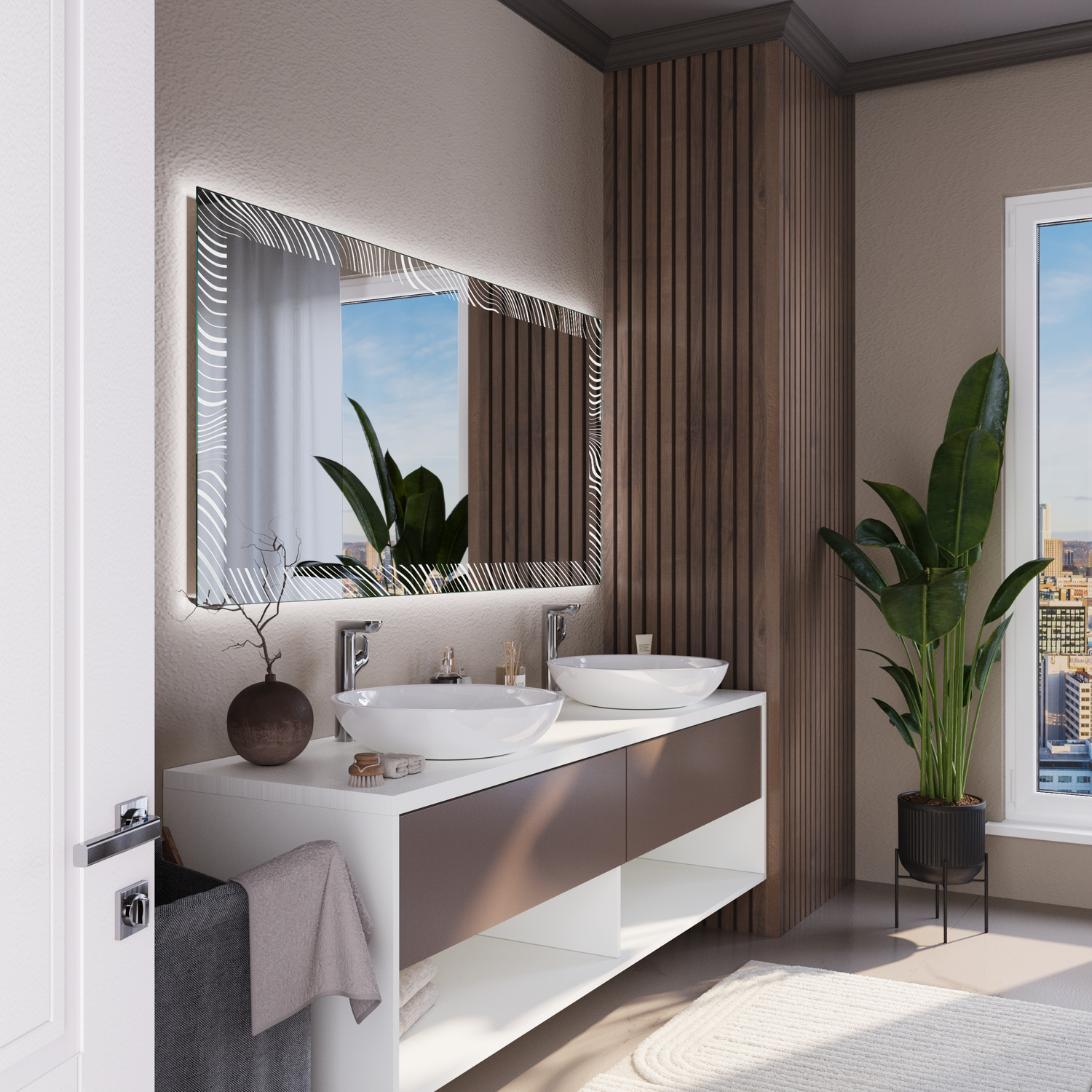 LD448 rechteckiger LED-Badspiegel mit eingeschalteter Beleuchtung, 1500x1500 mm, Seitenansicht leuchtend mit warmweißem Lichtrahmen, silberner geriffelter Rahmen, über zweifarbigem Waschtisch mit weißem rechteckigem Aufsatzwaschbecken